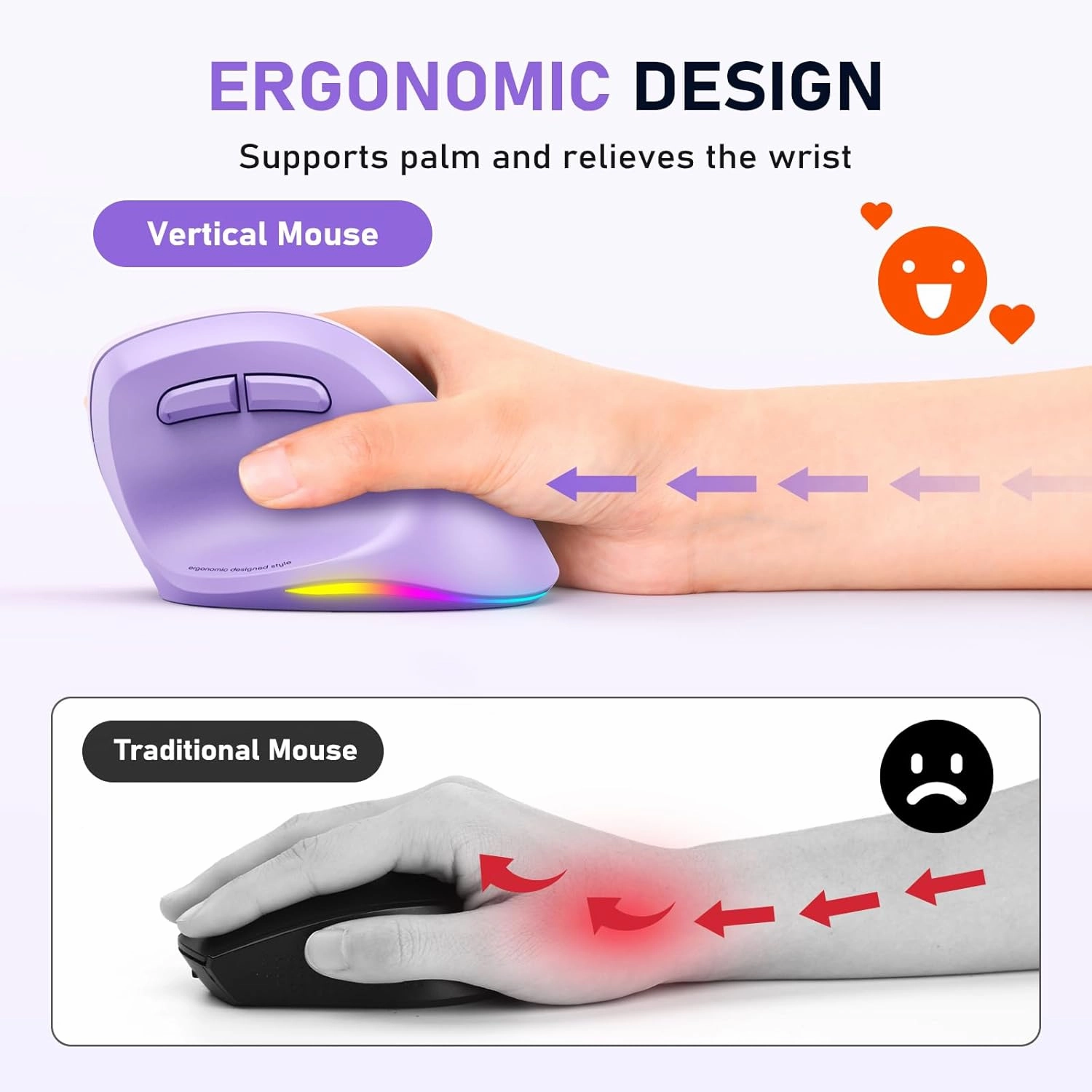 MEETION Ergonomic Mouse, Wireless Vertical Mouse RGB Backlit Rechargeable Mice for Bluetooth(5.2   3.0) & USB-A with USB-C Adapter 4 Adjustable DPI Compatible Mac/Windows/Andriod/PC/Tablet/iPad Purple