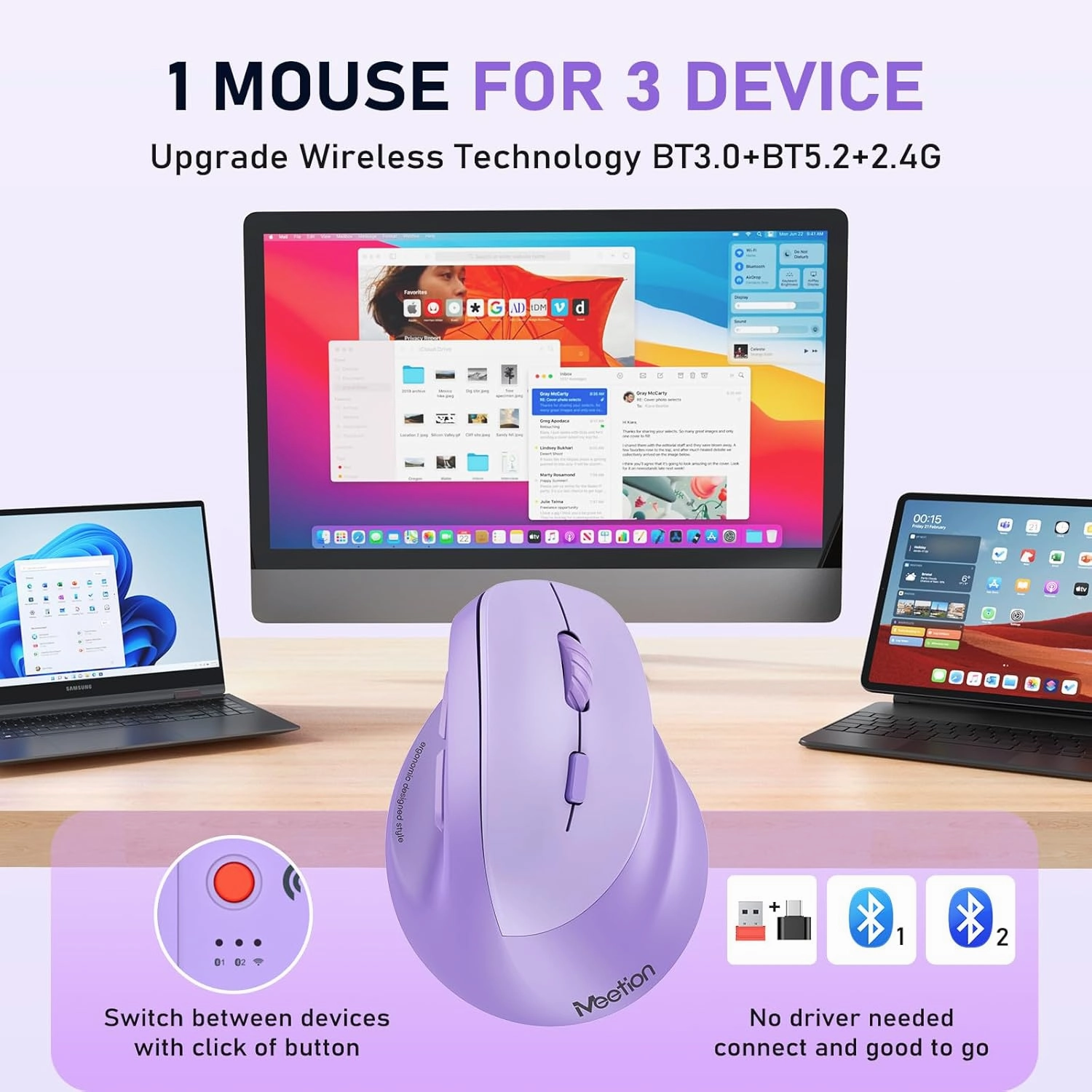 MEETION Ergonomic Mouse, Wireless Vertical Mouse RGB Backlit Rechargeable Mice for Bluetooth(5.2   3.0) & USB-A with USB-C Adapter 4 Adjustable DPI Compatible Mac/Windows/Andriod/PC/Tablet/iPad Purple