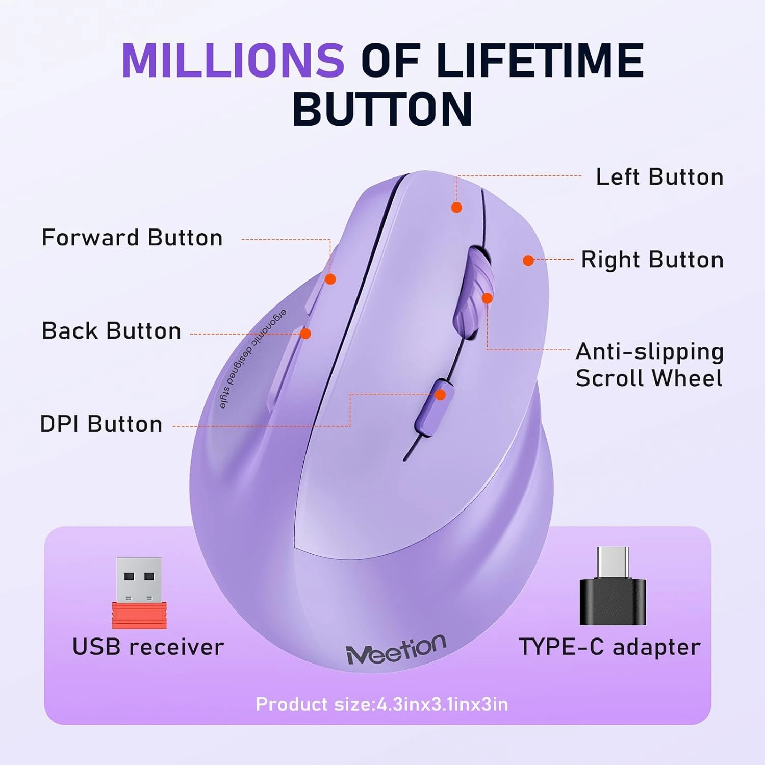 MEETION Ergonomic Mouse, Wireless Vertical Mouse RGB Backlit Rechargeable Mice for Bluetooth(5.2   3.0) & USB-A with USB-C Adapter 4 Adjustable DPI Compatible Mac/Windows/Andriod/PC/Tablet/iPad Purple