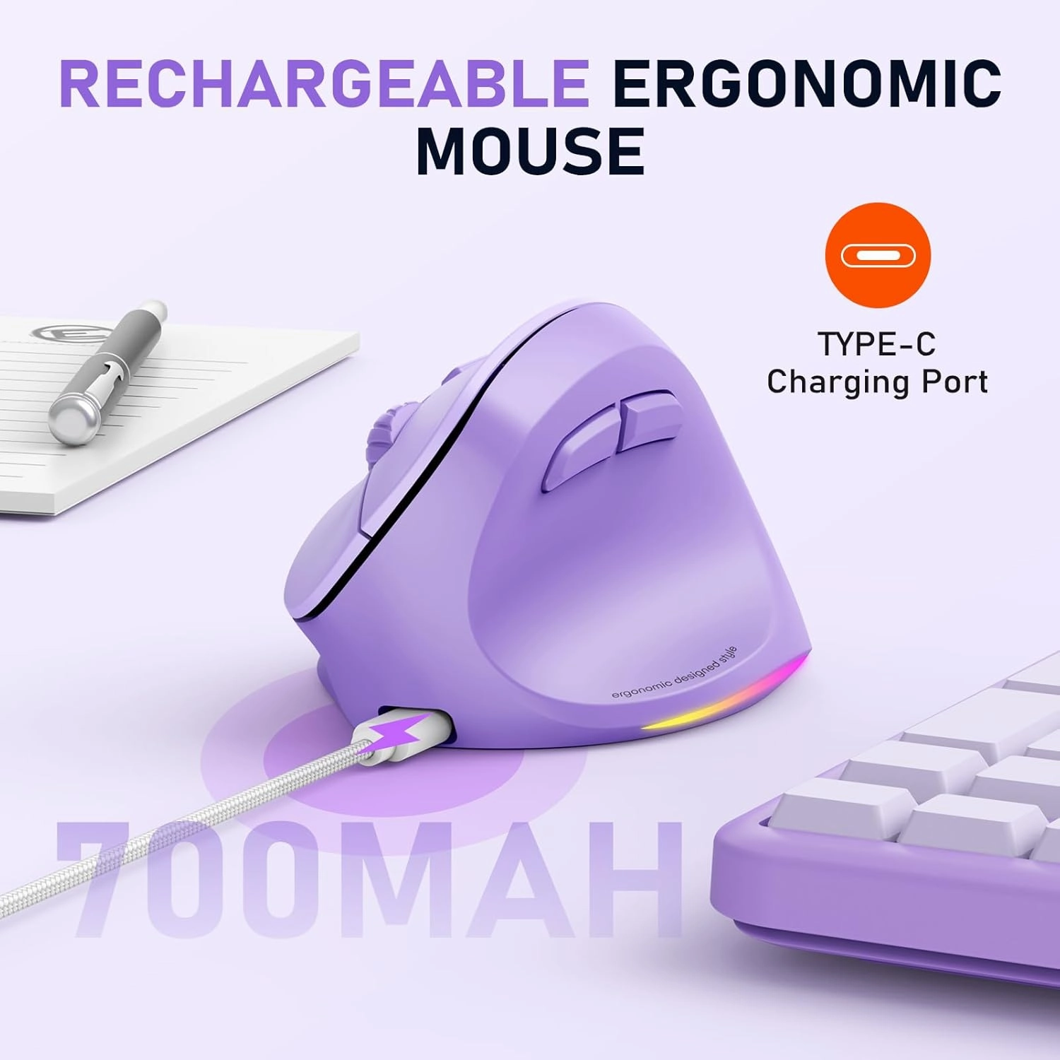 MEETION Ergonomic Mouse, Wireless Vertical Mouse RGB Backlit Rechargeable Mice for Bluetooth(5.2   3.0) & USB-A with USB-C Adapter 4 Adjustable DPI Compatible Mac/Windows/Andriod/PC/Tablet/iPad Purple
