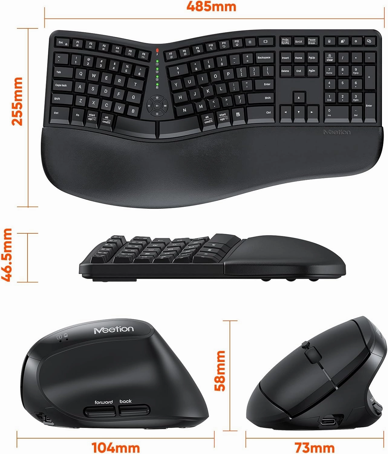 MEETION Ergonomic Wireless Keyboard and Mouse, Ergo Keyboard with Vertical Mouse, Split Cushioned Wrist Palm Rest, Natural Typing, Rechargeable, Full Size, Windows/Mac/Computer/Laptop, Black DirectorC