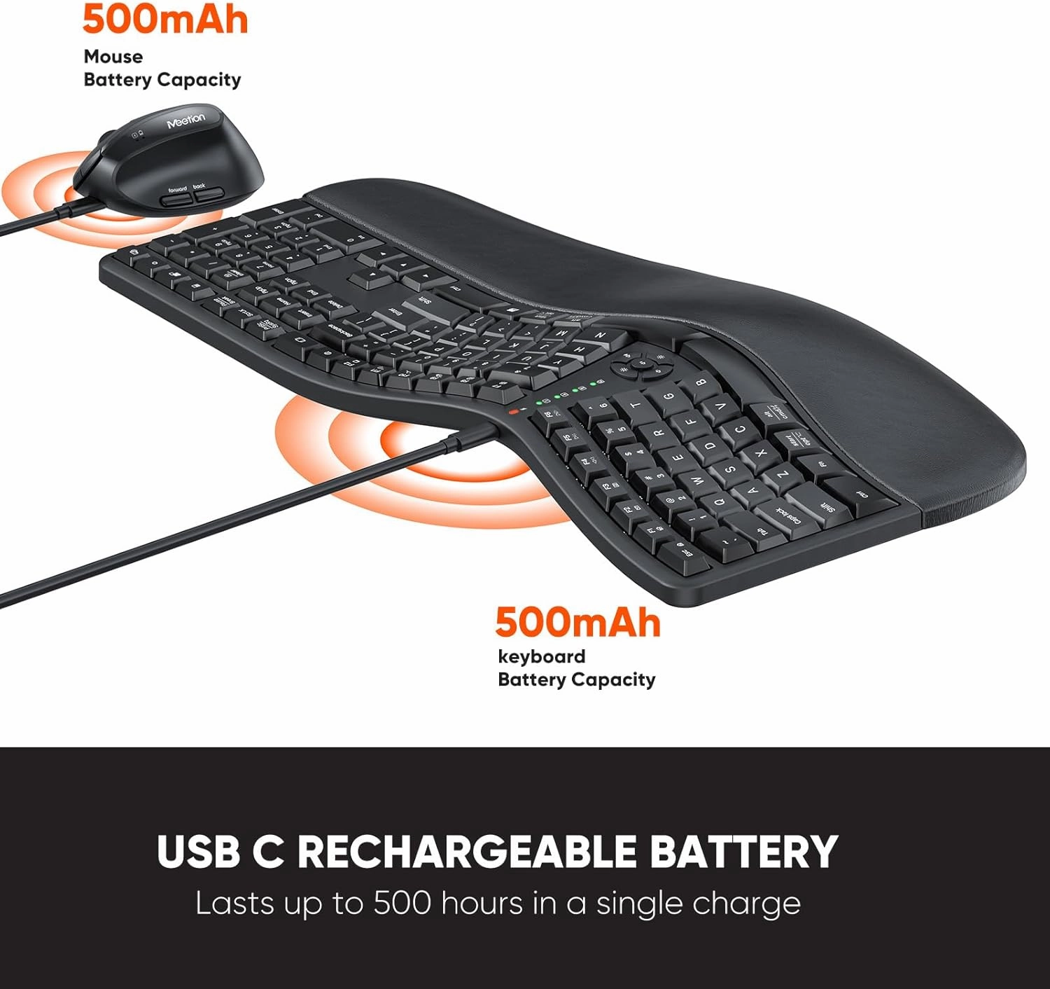MEETION Ergonomic Wireless Keyboard and Mouse, Ergo Keyboard with Vertical Mouse, Split Cushioned Wrist Palm Rest, Natural Typing, Rechargeable, Full Size, Windows/Mac/Computer/Laptop, Black DirectorC