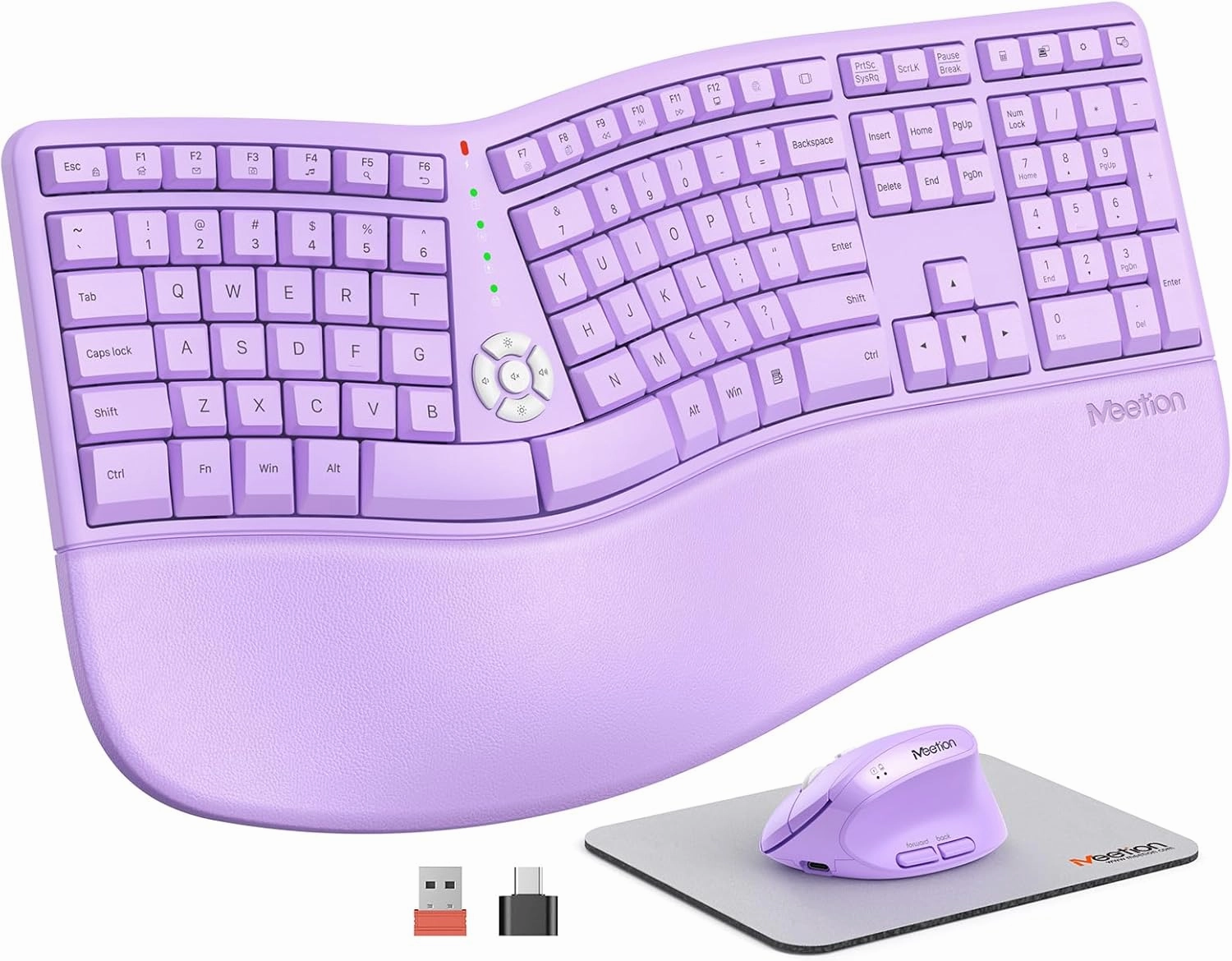 MEETION Ergonomic Wireless Keyboard and Mouse, Ergo Vertical Mouse, Split Keyboard Cushioned Wrist Palm Rest Rechargeable Full Size Natural Typing, Windows/Mac/Computer/PC Purple