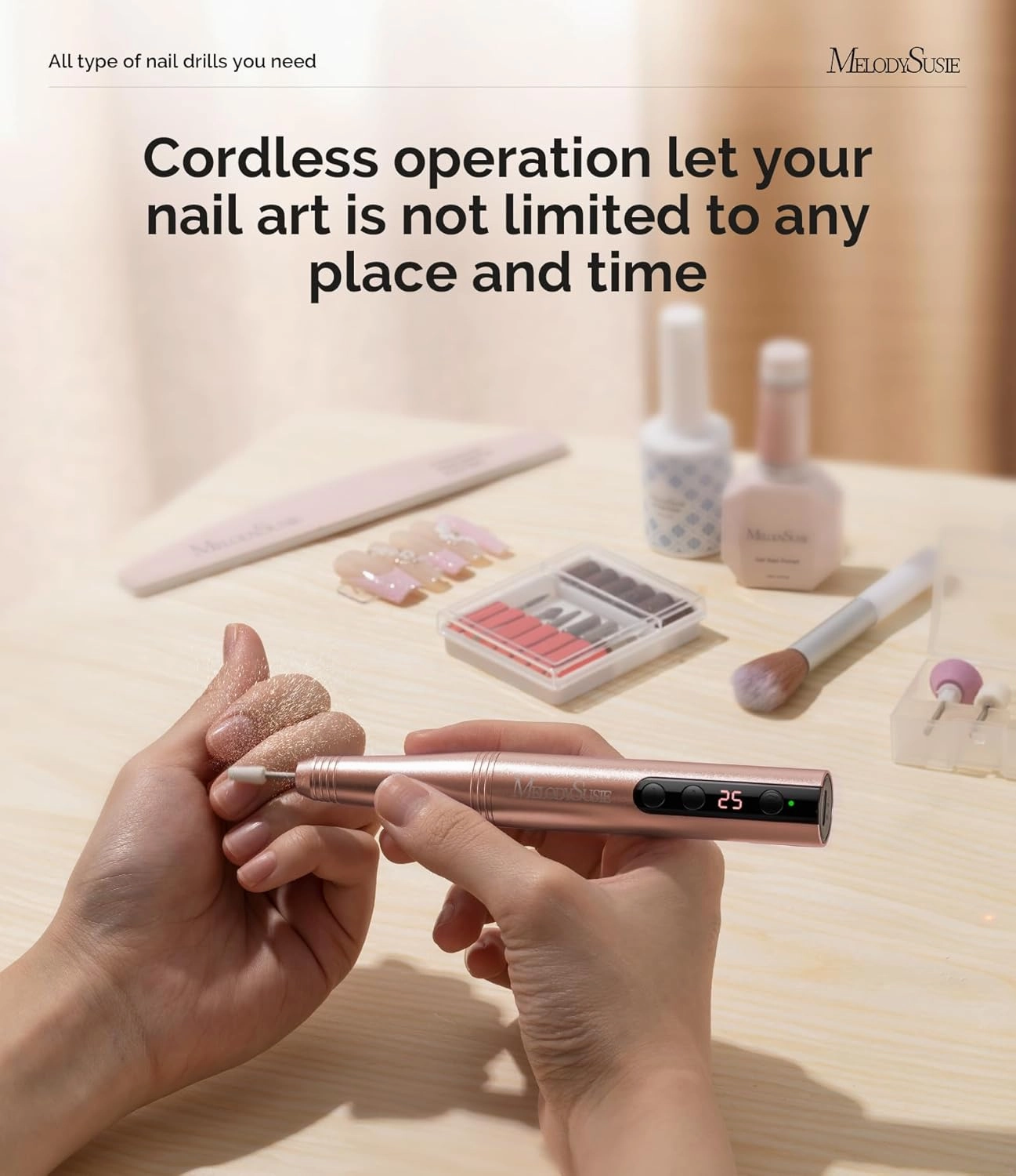 MelodySusie Cordless Electric Nail Drill Machine 11 in 1 Kit,PC180F 25000RPM Portable Rechargeable Nail Efile Set for Acrylic Gel Dip Powder Nails, 25 Speeds Manicure Pedicure Polishing Shape Tools