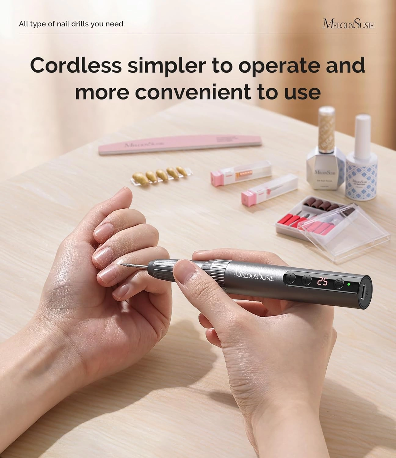 MelodySusie Professional Cordless Electric Nail Drill：PC180E Rechargeable Portable 25000RPM Nail Efile for Acrylic Gel Dip Powder Nails, 25 Speeds with Nail Drill Bits Sanding Bands Gray