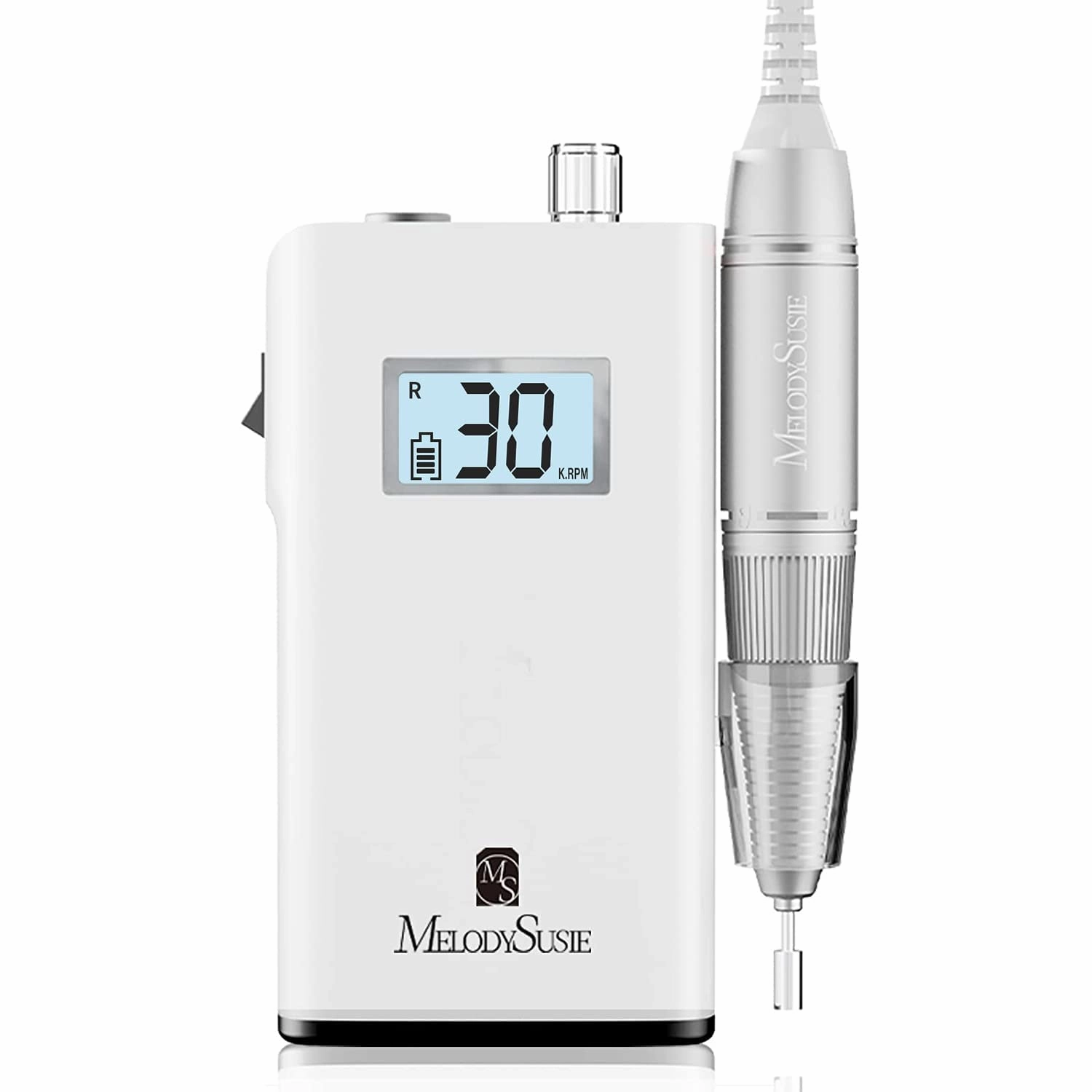 MelodySusie Professional Rechargeable 30000 rpm Nail Drill,SC320H Portable Electric E File Scamander, Acrylic Gel Grinder Tools with 6 Bits and Sanding Bands for Manicure Pedicure Carve Polish (White)