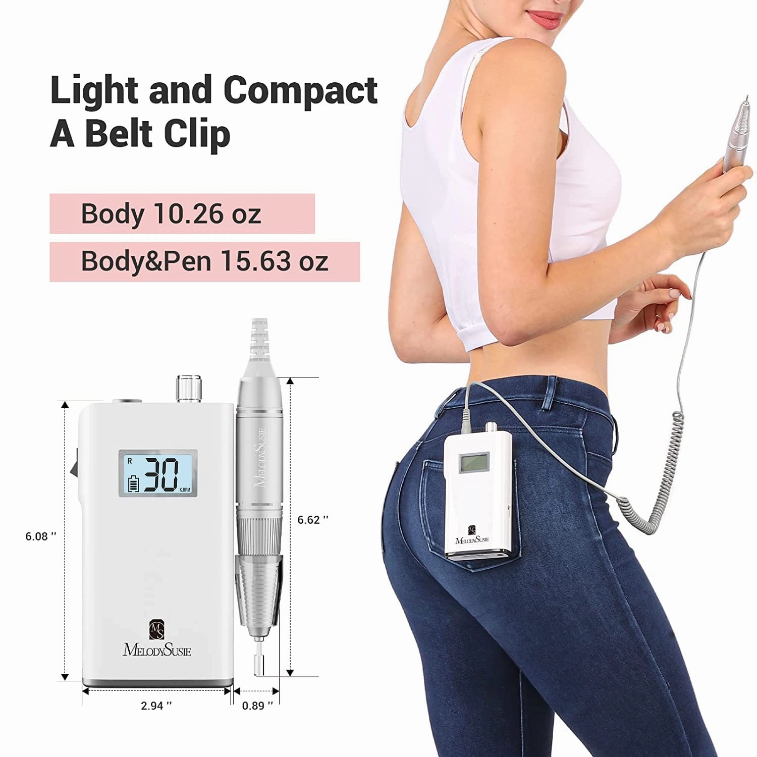 MelodySusie Professional Rechargeable 30000 rpm Nail Drill,SC320H Portable Electric E File Scamander, Acrylic Gel Grinder Tools with 6 Bits and Sanding Bands for Manicure Pedicure Carve Polish (White)