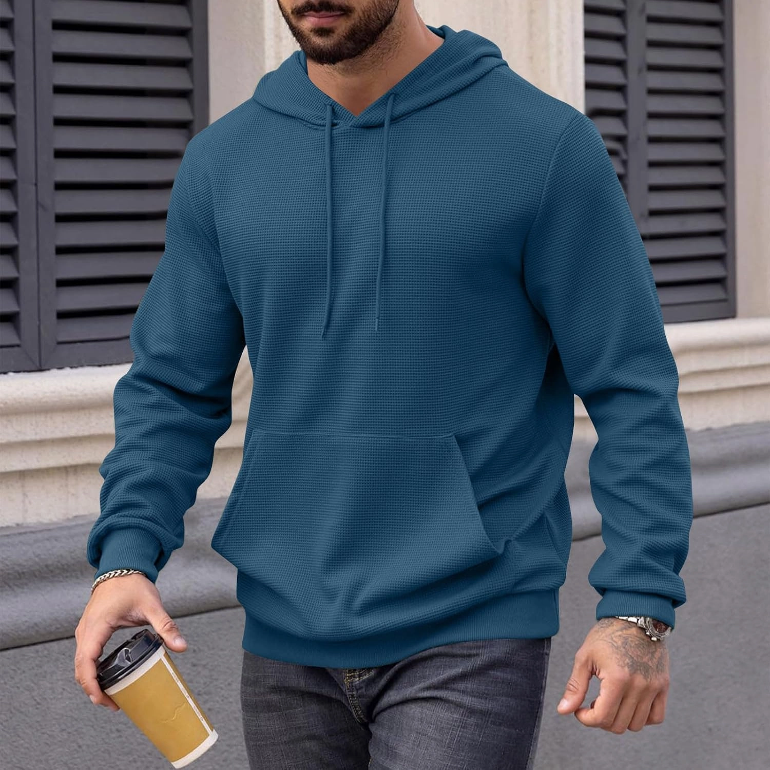 Men Hoodies Waffle Knit Solid Color Fashion Sweatshirts Long Sleeve Comfy Lightweight Hooded Sweatshirt