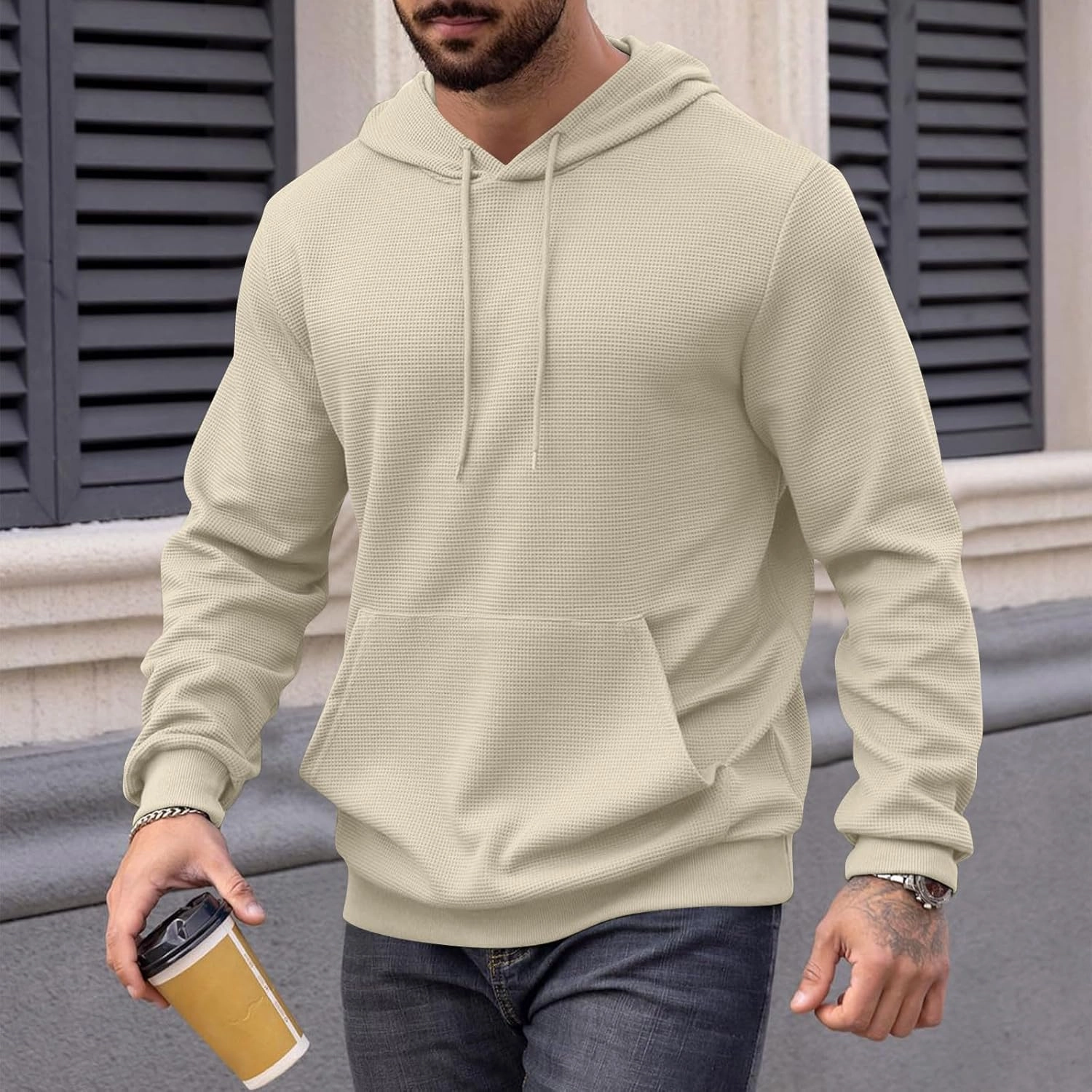Men Hoodies Waffle Knit Solid Color Fashion Sweatshirts Long Sleeve Comfy Lightweight Hooded Sweatshirt