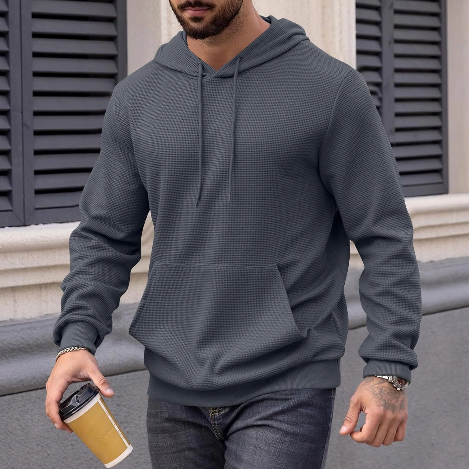 Men Hoodies Waffle Knit Solid Color Fashion Sweatshirts Long Sleeve Comfy Lightweight Hooded Sweatshirt