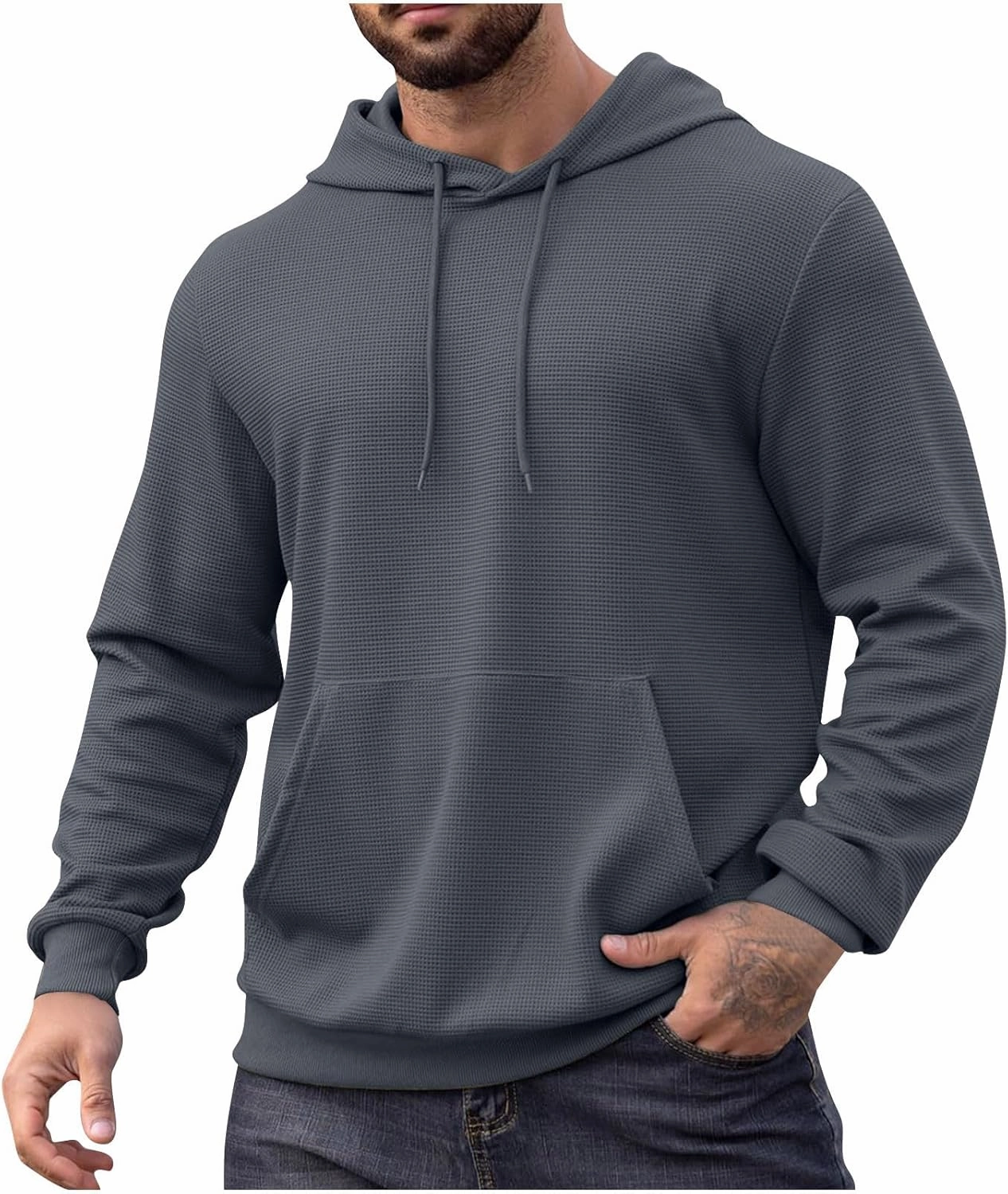Men Hoodies Waffle Knit Solid Color Fashion Sweatshirts Long Sleeve Comfy Lightweight Hooded Sweatshirt