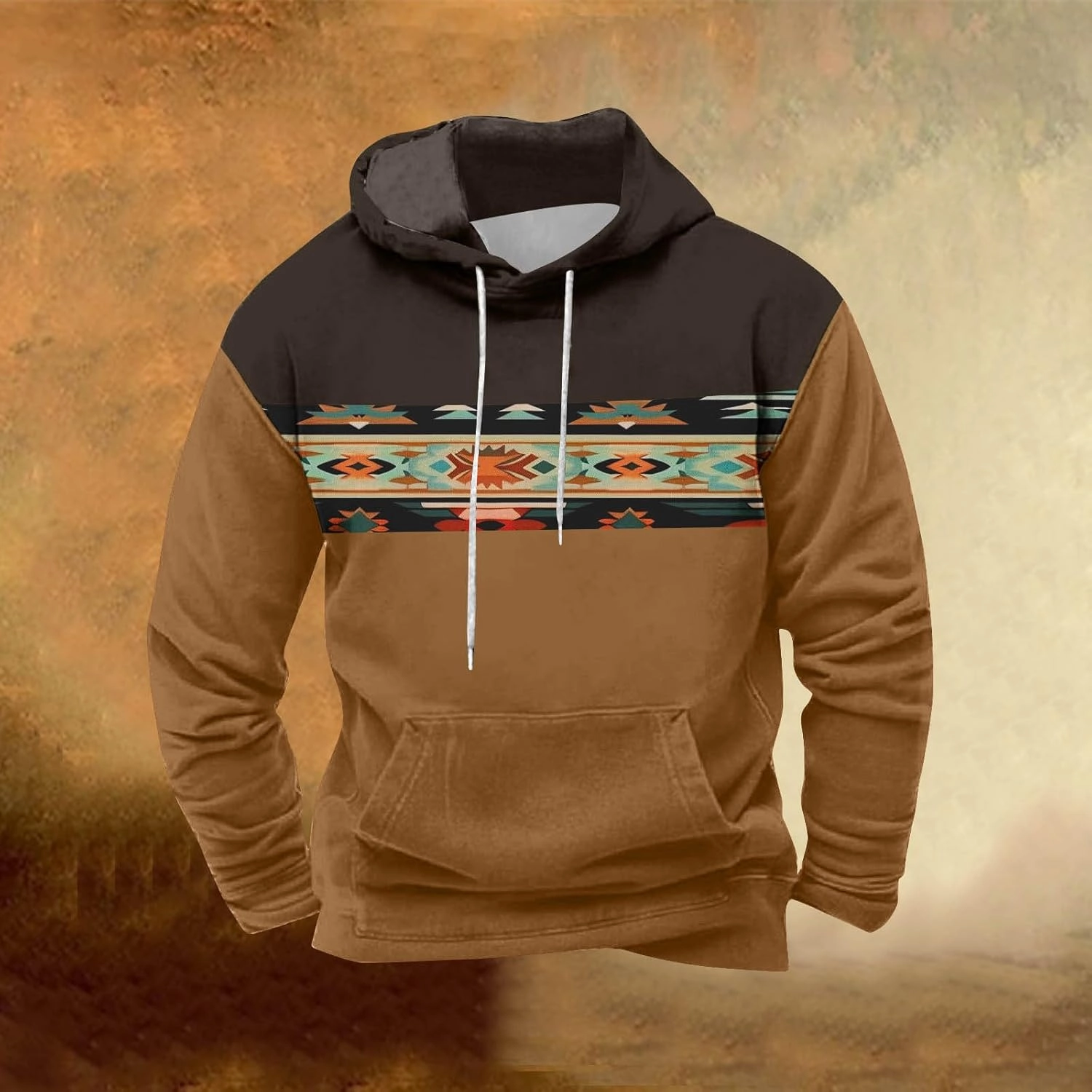 Men Sweatshirts Western Aztec Long Sleeve Hoodie Drawstraing Big and Tall Vintage Casual Pullover Tops