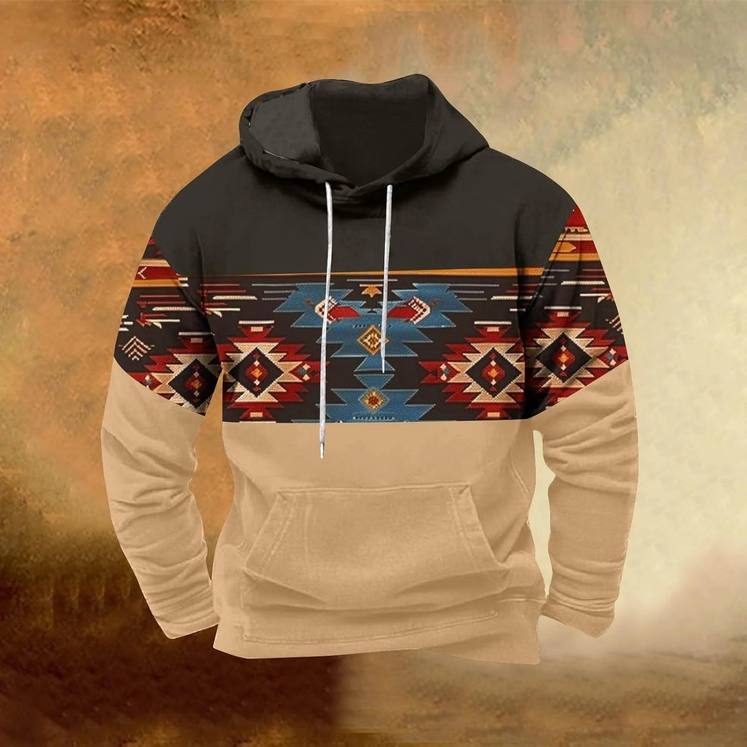 Men Sweatshirts Western Aztec Long Sleeve Hoodie Drawstraing Big and Tall Vintage Casual Pullover Tops