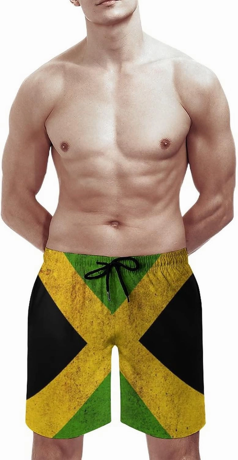 Mens Jamaican Flag Swim Trunks Quick Dry Board Shorts with Mesh Lining