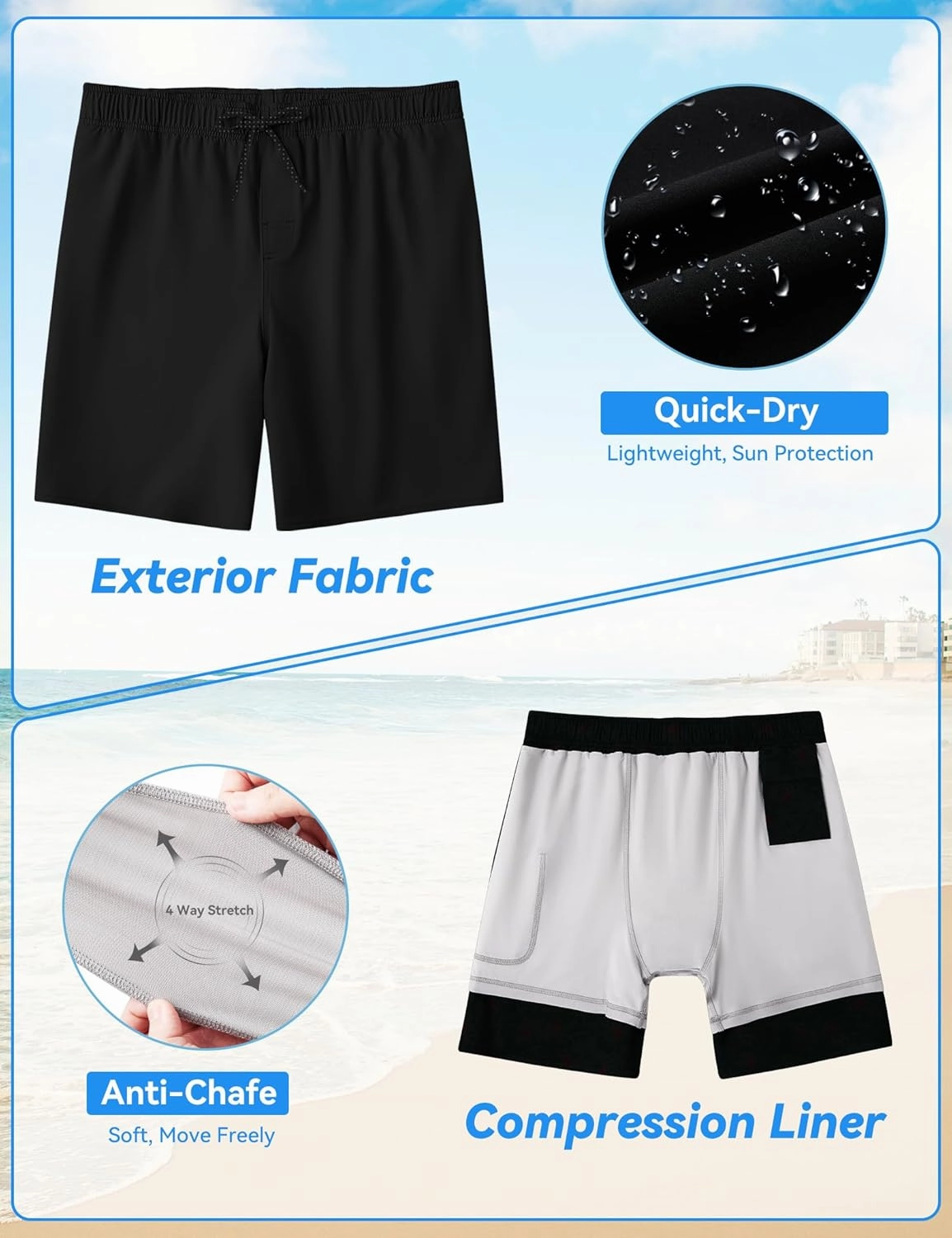 Mens Swim Trunks with Compression Liner 8 inch Quick-Dry Lightweight 2 in 1 Board Shorts 4-Way Stretch UPF 50 