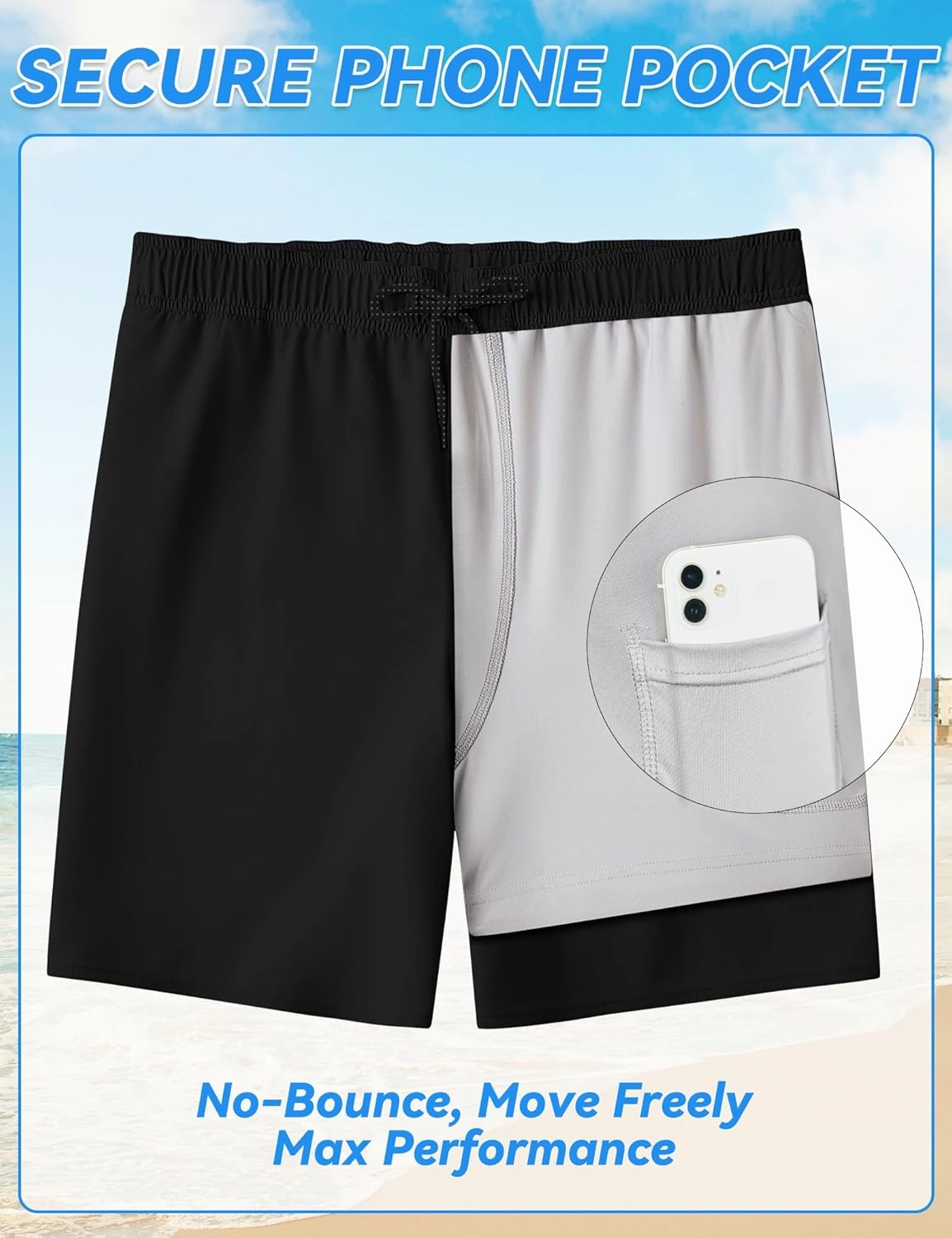 Mens Swim Trunks with Compression Liner 8 inch Quick-Dry Lightweight 2 in 1 Board Shorts 4-Way Stretch UPF 50 