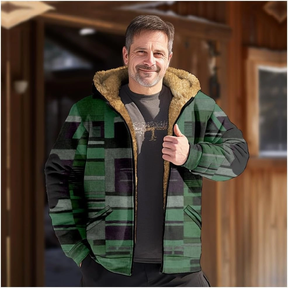 Mens Vintage Fleece Jacket Sherpa Lined Winter Coats Fall Winter Puffer Jacket Windproof Casual Hoodies with Pocket