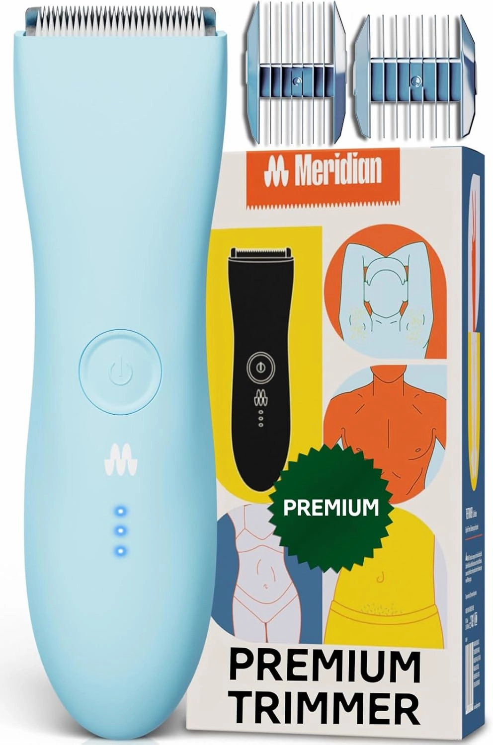 Meridian The Trimmer Premium - Body Hair Trimmer & Electric Shaver for Men and Women for Pubic Hair, Chest, Legs & Bikini Line, Waterproof & Rechargeable, Sky