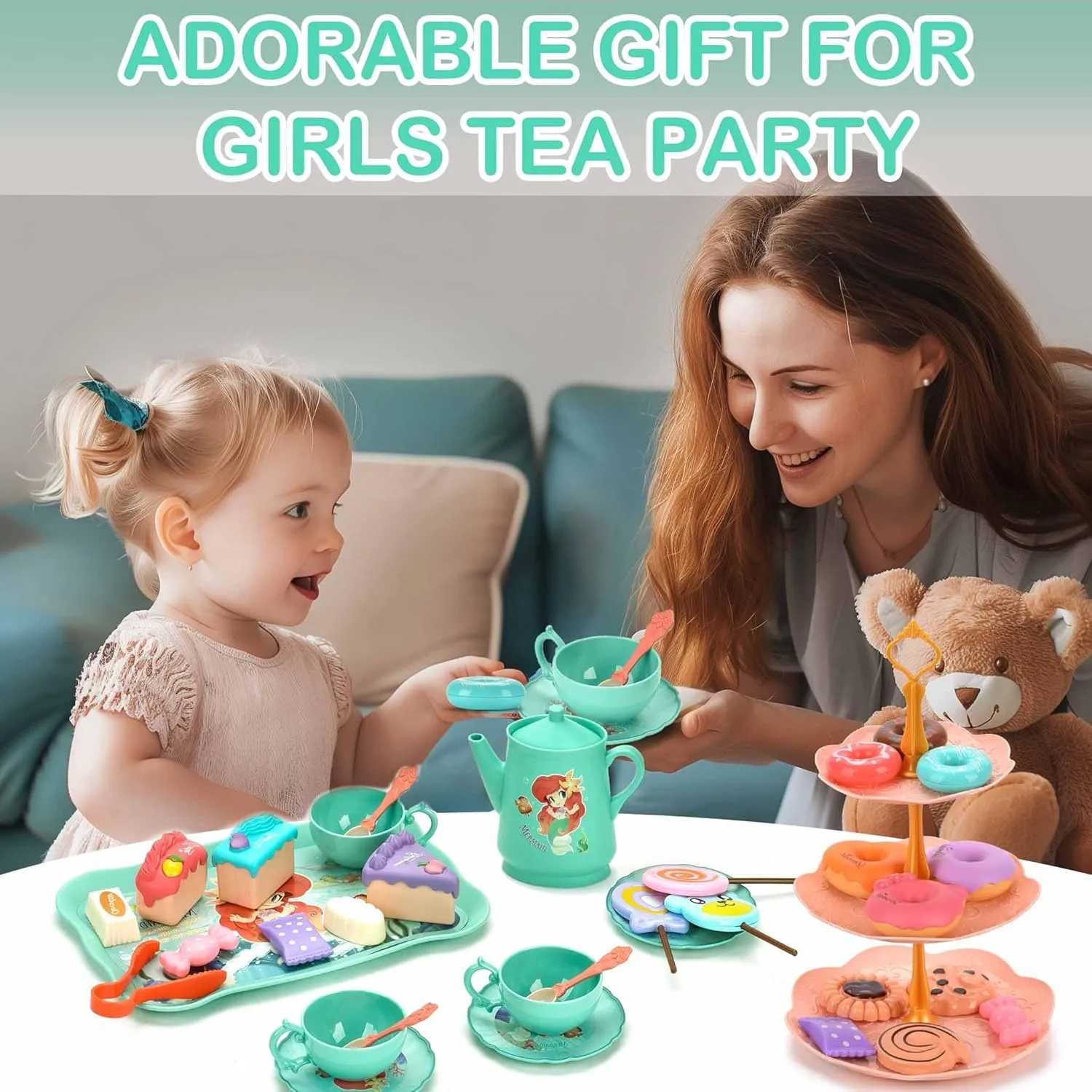 Mermaid Tea Party Set for Little Girls - Pretend Plastic Teapot Set, Princess Tea Time Play Kitchen Toy with Cups, Plates, and Carrying Case - Birthday Gifts for Kids Toddlers Age 3 4 5 6