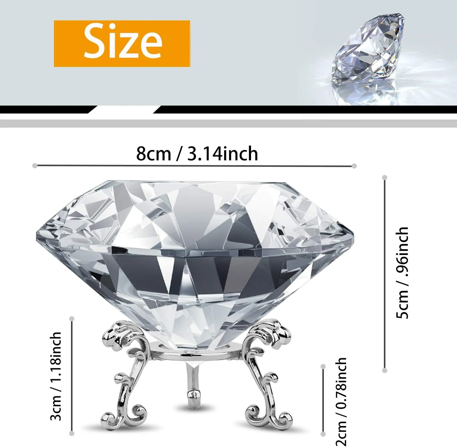 MerryNine Top 80mm K9 Clear Crystal Ball Diamond Paperweight Decoration with Sliver Triangle Base, Decoration Wedding, Store,Home,Office, Birthday Gifts for Women,Mothers,Family,Friends (80mm, Clear)