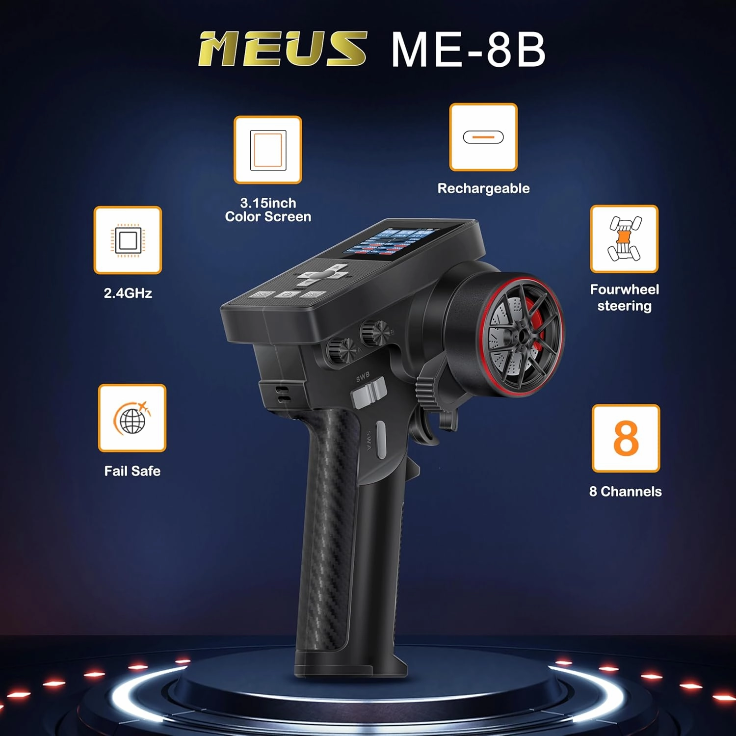 MEUS RACING ME-8B RC Transmitter 8 Channels 2.4GHz and Receiver for 1/8 1/10 1/18 1/24 RC Crawler Car Boat TRX4 TRX4M SCX10 SCX24 Upgrades Parts (Black)