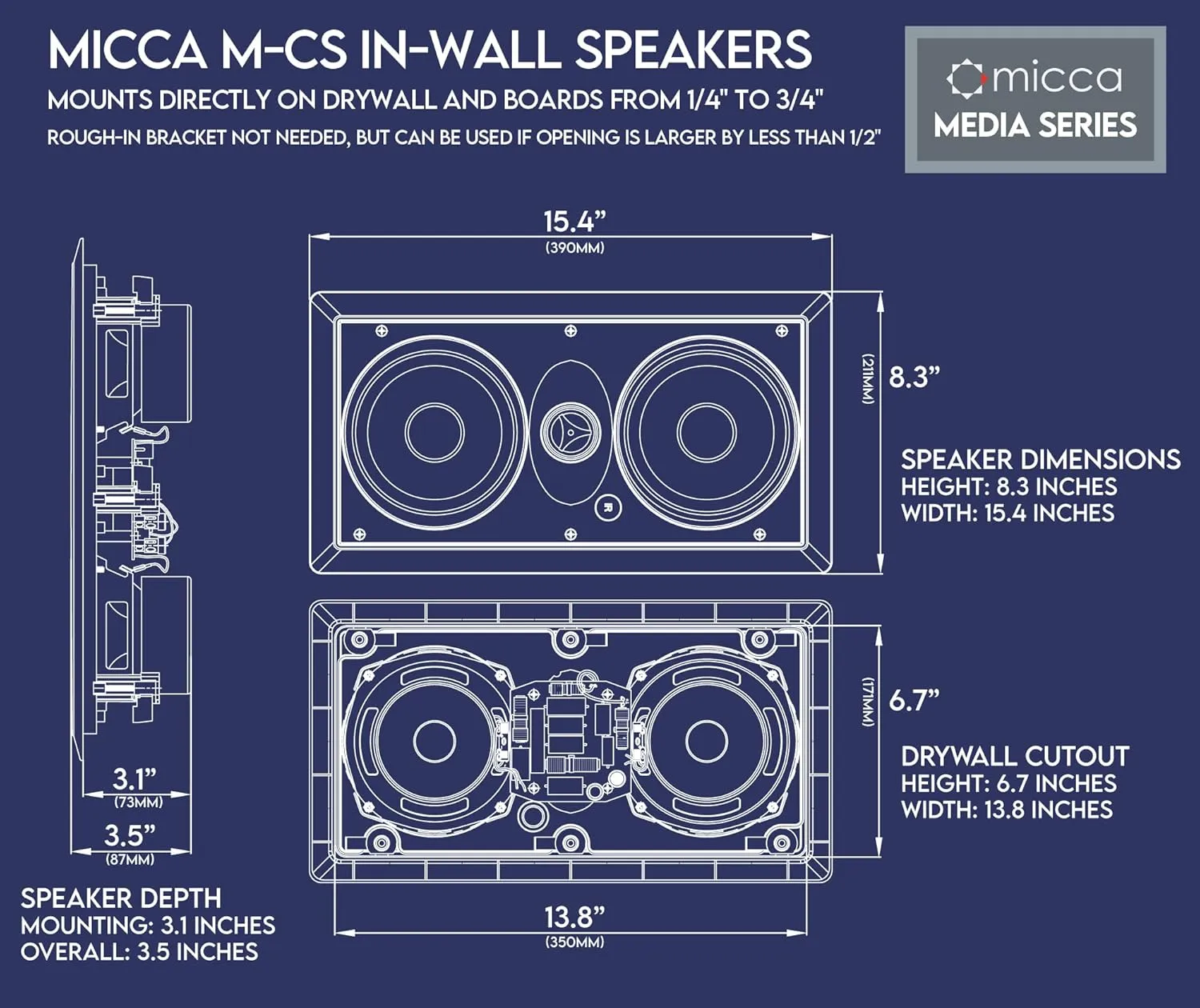 Micca M-CS Dual 5.25 Inch 2-Way in-Wall Center Channel Speaker for Home Theater, Whole House Audio, MTM LCR Design, 5.25" Poly Woofers, 1" Pivoting Silk Tweeter, White, Paintable, Each