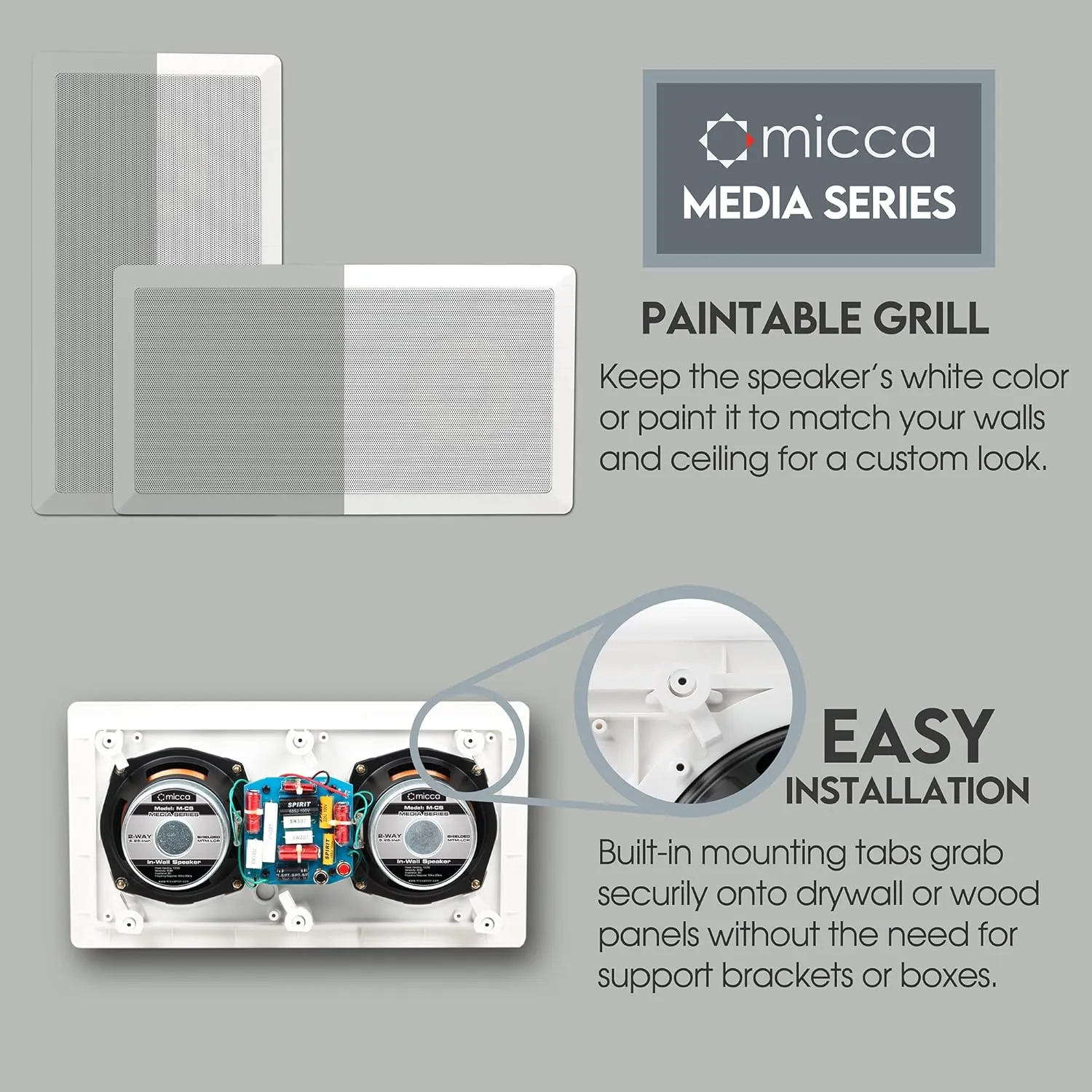 Micca M-CS Dual 5.25 Inch 2-Way in-Wall Center Channel Speaker for Home Theater, Whole House Audio, MTM LCR Design, 5.25" Poly Woofers, 1" Pivoting Silk Tweeter, White, Paintable, Each