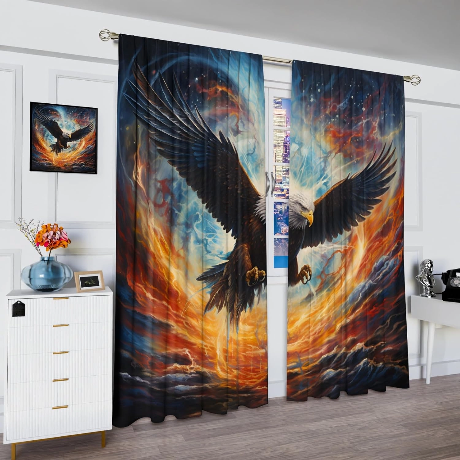 Mighty Eagle Small Curtains, Magic Colorful Natural Animals Eagle Small Window Treatment Rod Pocket Curtains for Kitchen Bathroom Wardrobe Basement Curtains 28 x 36in X 2 Panels