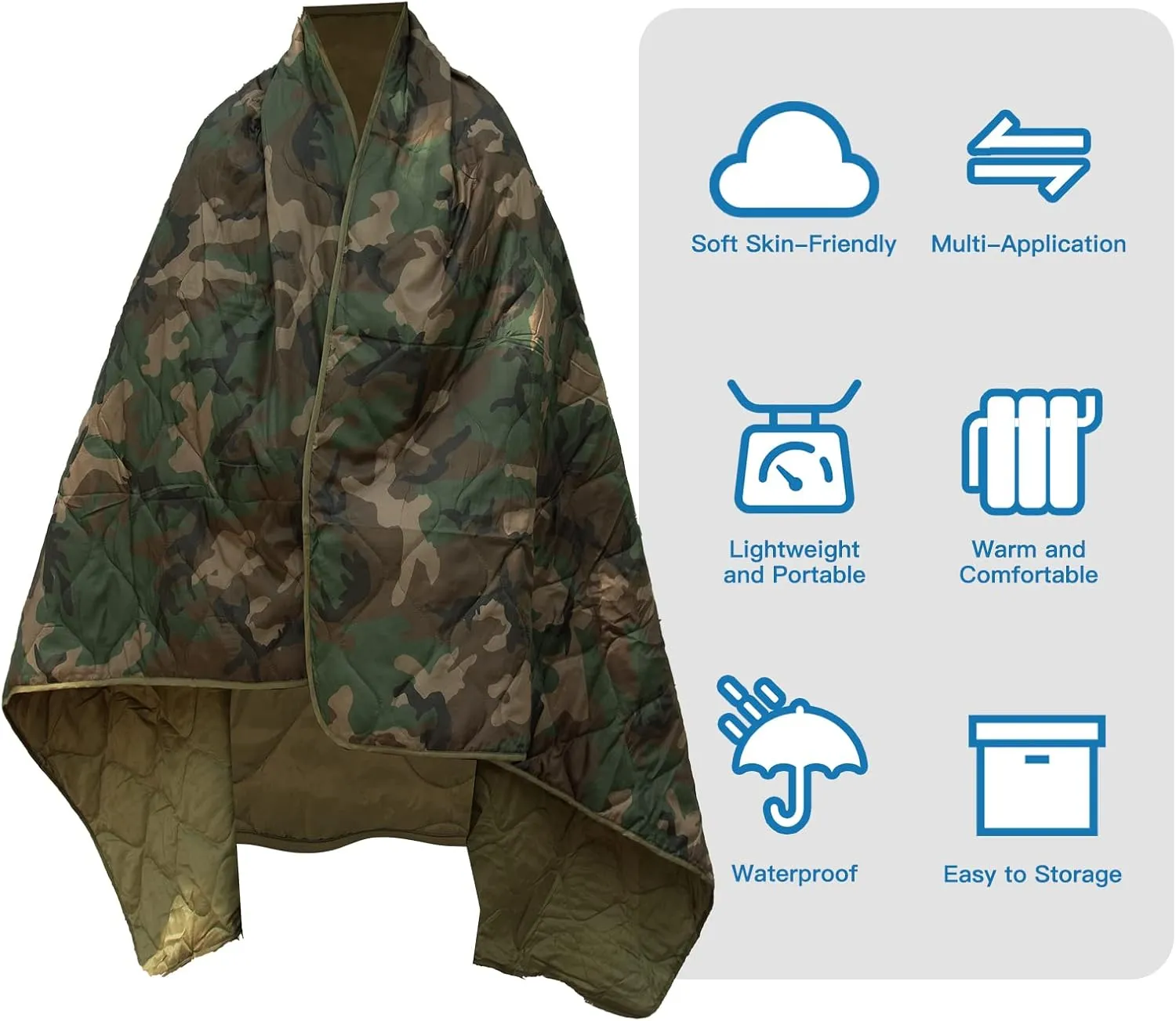 Military Poncho Liner 55”x 79” Camping Blanket Insulation Compact Waterproof for Travel Stadium Outdoor Camping
