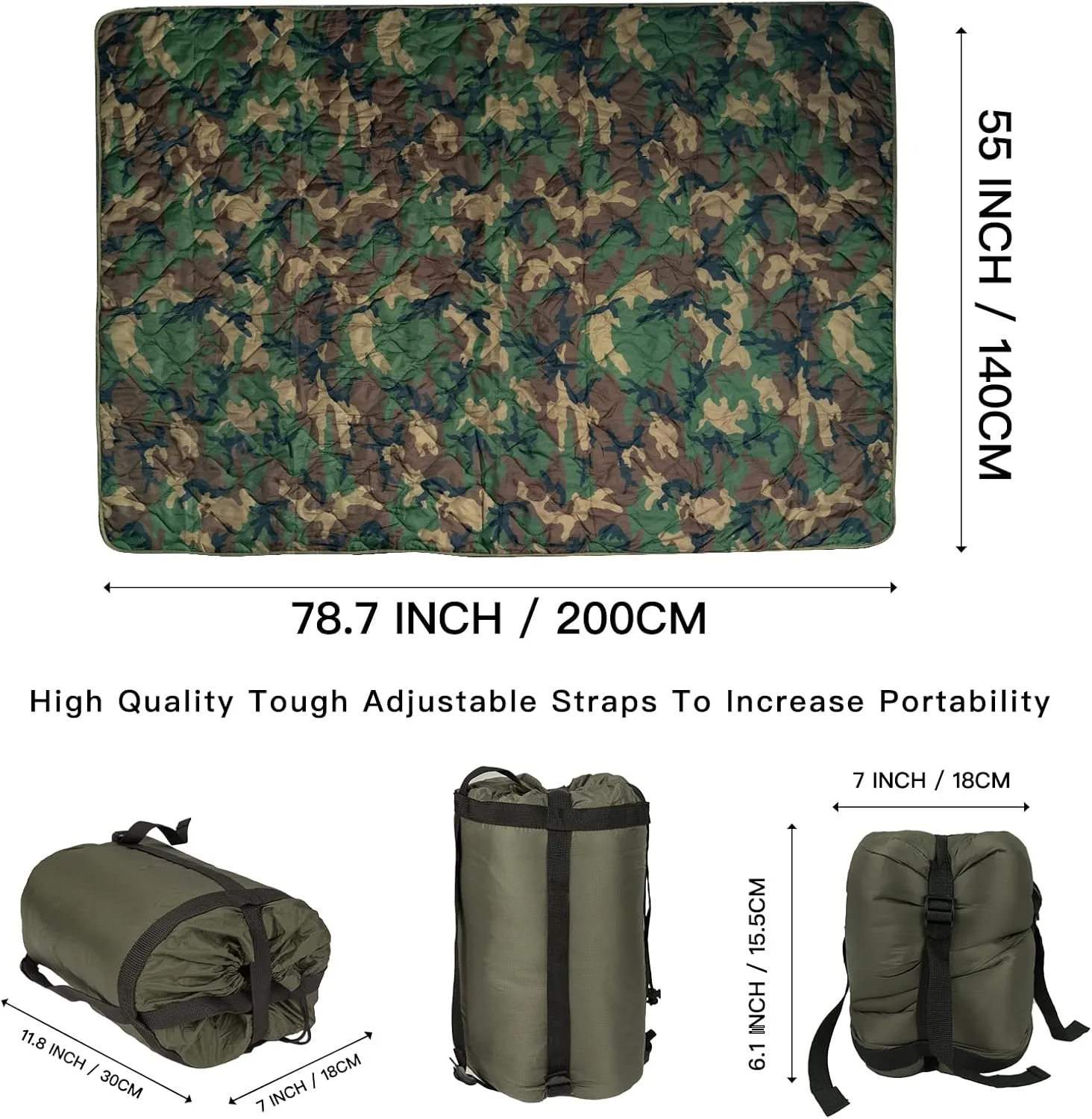 Military Poncho Liner 55”x 79” Camping Blanket Insulation Compact Waterproof for Travel Stadium Outdoor Camping