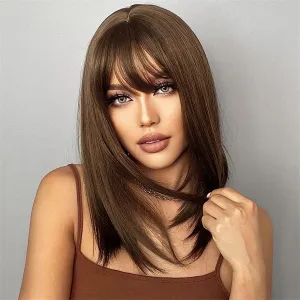 MIMAN 14 Inch Shoulder Length Dark Brown Straight Bob Wigs with Bangs Synthetic Medium Length Bob Hair Wig Halloween Costume Wigs for Women