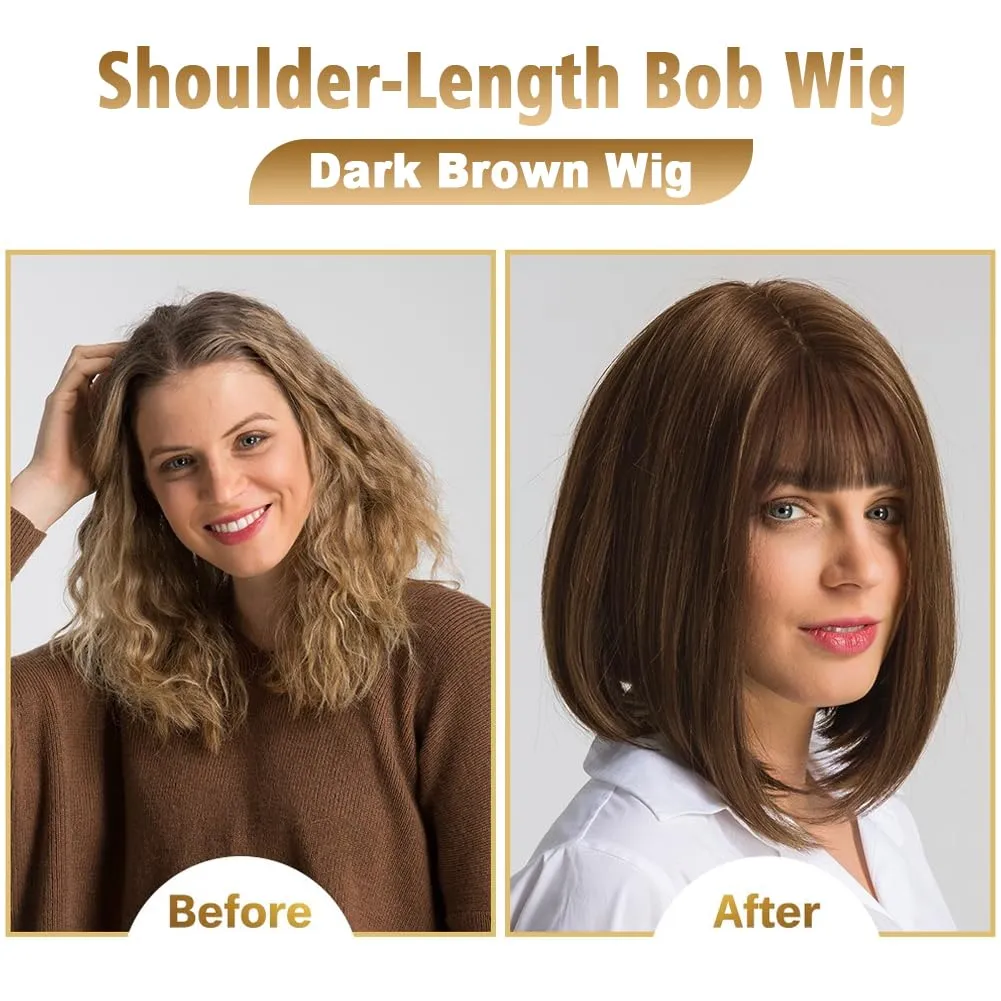 MIMAN 14 Inch Shoulder Length Dark Brown Straight Bob Wigs with Bangs Synthetic Medium Length Bob Hair Wig Halloween Costume Wigs for Women
