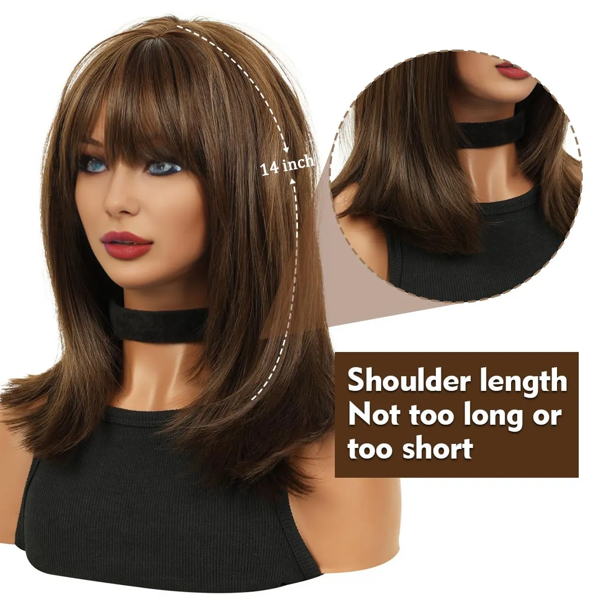 MIMAN 14 Inch Shoulder Length Dark Brown Straight Bob Wigs with Bangs Synthetic Medium Length Bob Hair Wig Halloween Costume Wigs for Women