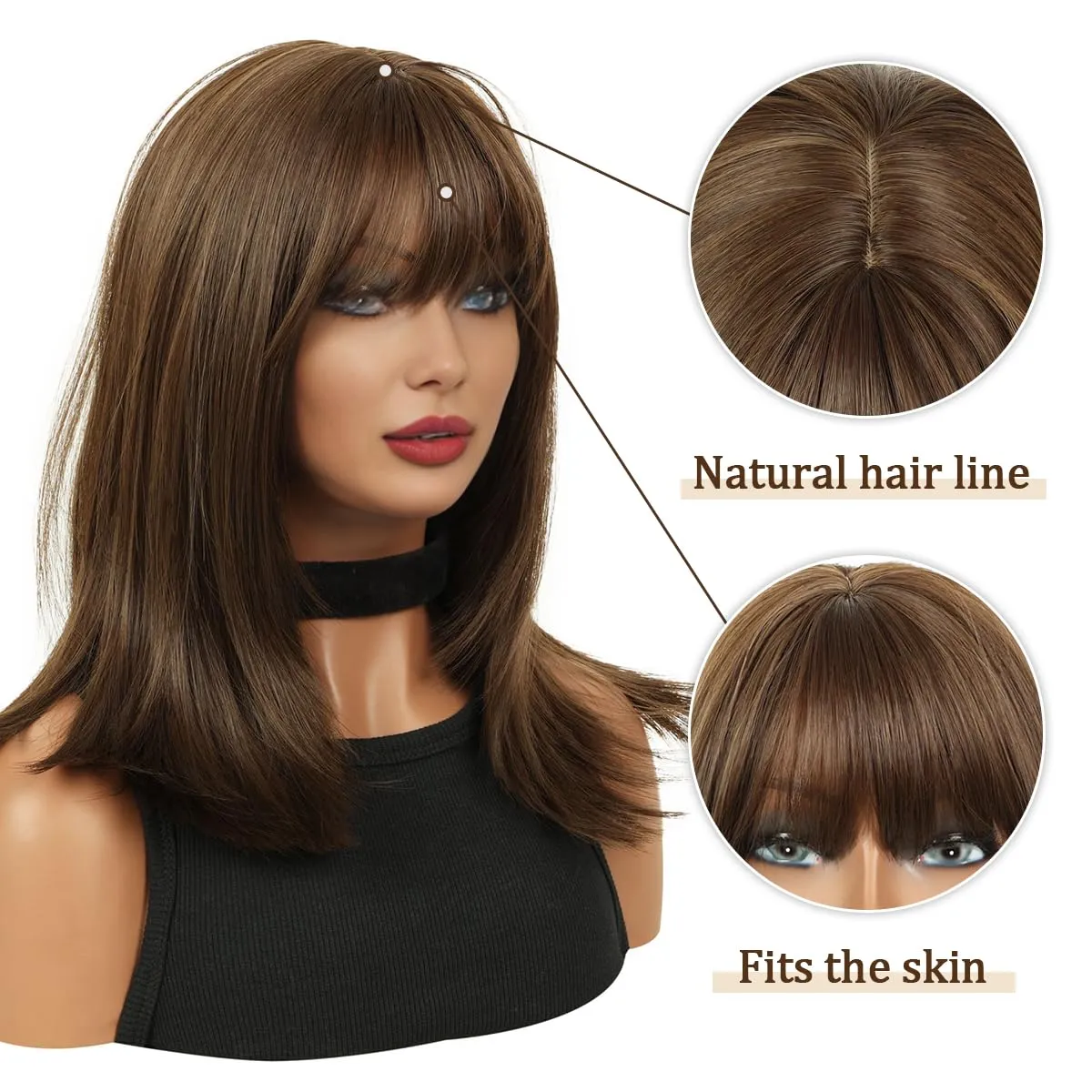 MIMAN 14 Inch Shoulder Length Dark Brown Straight Bob Wigs with Bangs Synthetic Medium Length Bob Hair Wig Halloween Costume Wigs for Women