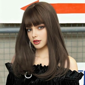 MIMAN 19 Inch Long Dark Brown Straight Hair Wigs with Bangs Synthetic Hair Wig Halloween Costume Wigs for Women Hair Replacement Wig