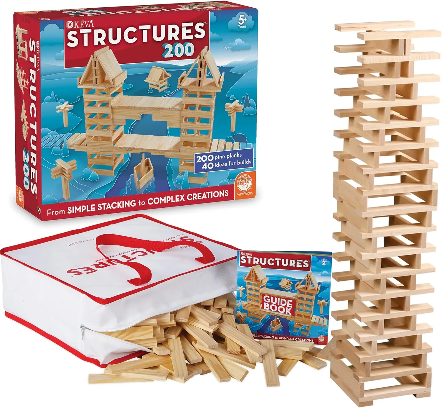 MindWare KEVA Structures 600 Planks - Free-Form 3D Building kit for Kids - Create Your own Architecture Designs with Simple Wood Blocks