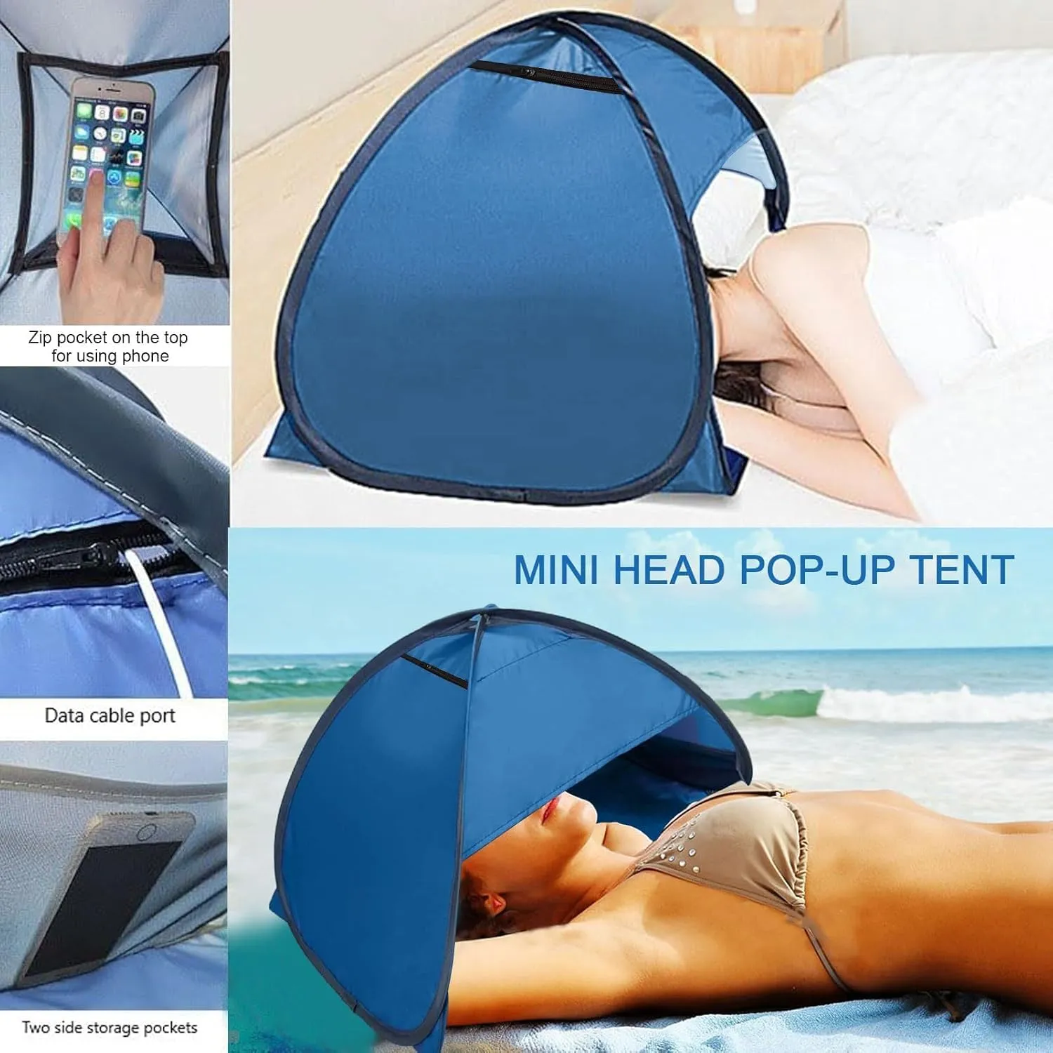 Mini Beach Tent,Laptop Sun Shade,Dog Shade for Outside,Laptop Tent,for Working Outside,Head Pop Up Canopy,Automatic Portable Mini Pop Up Tent for Camping Hiking Picnic (Blue)