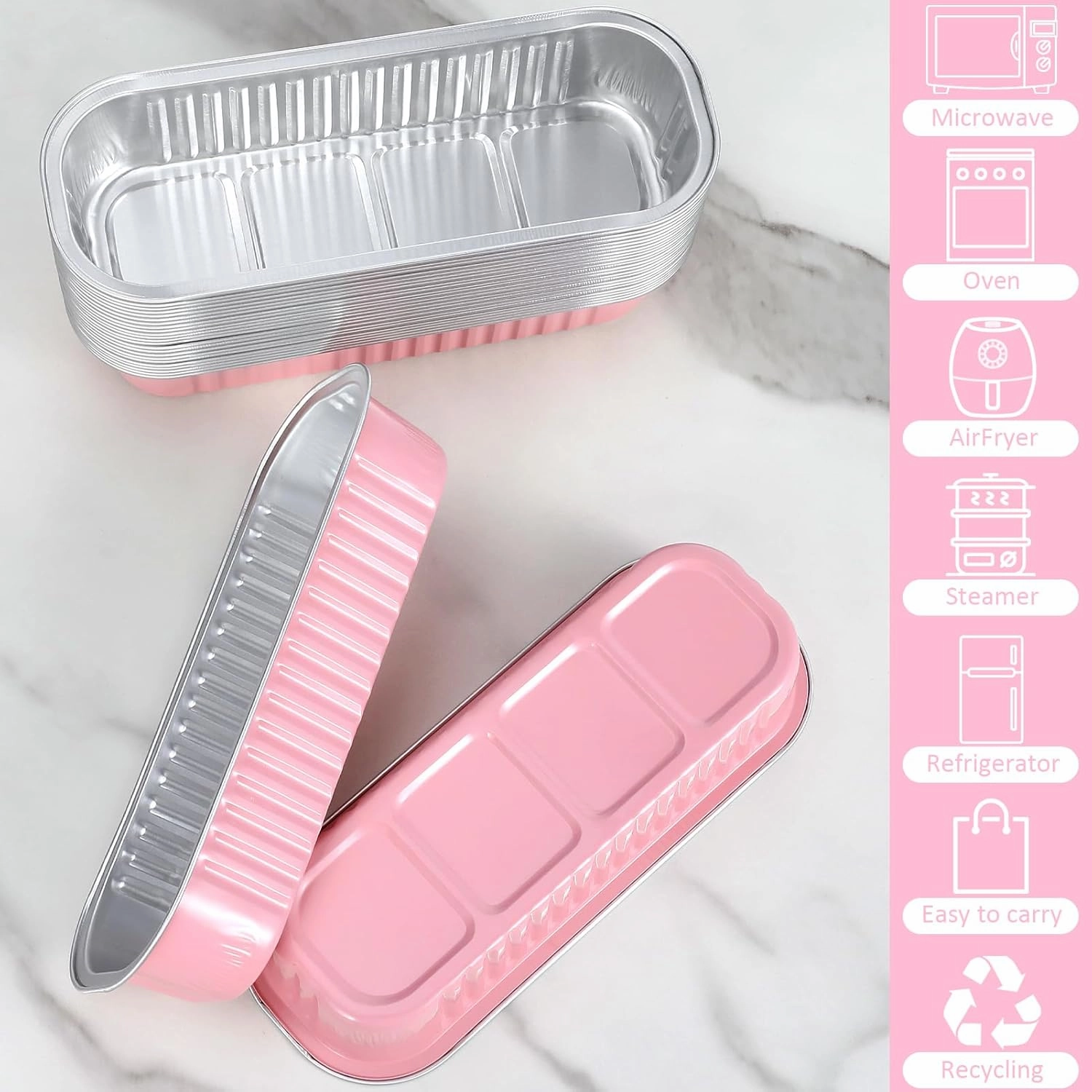 Mini Loaf Pans with Lids and Spoons (100 Pack, Pink, 6.8oz) Rectangular Aluminum Foil Baking Pans