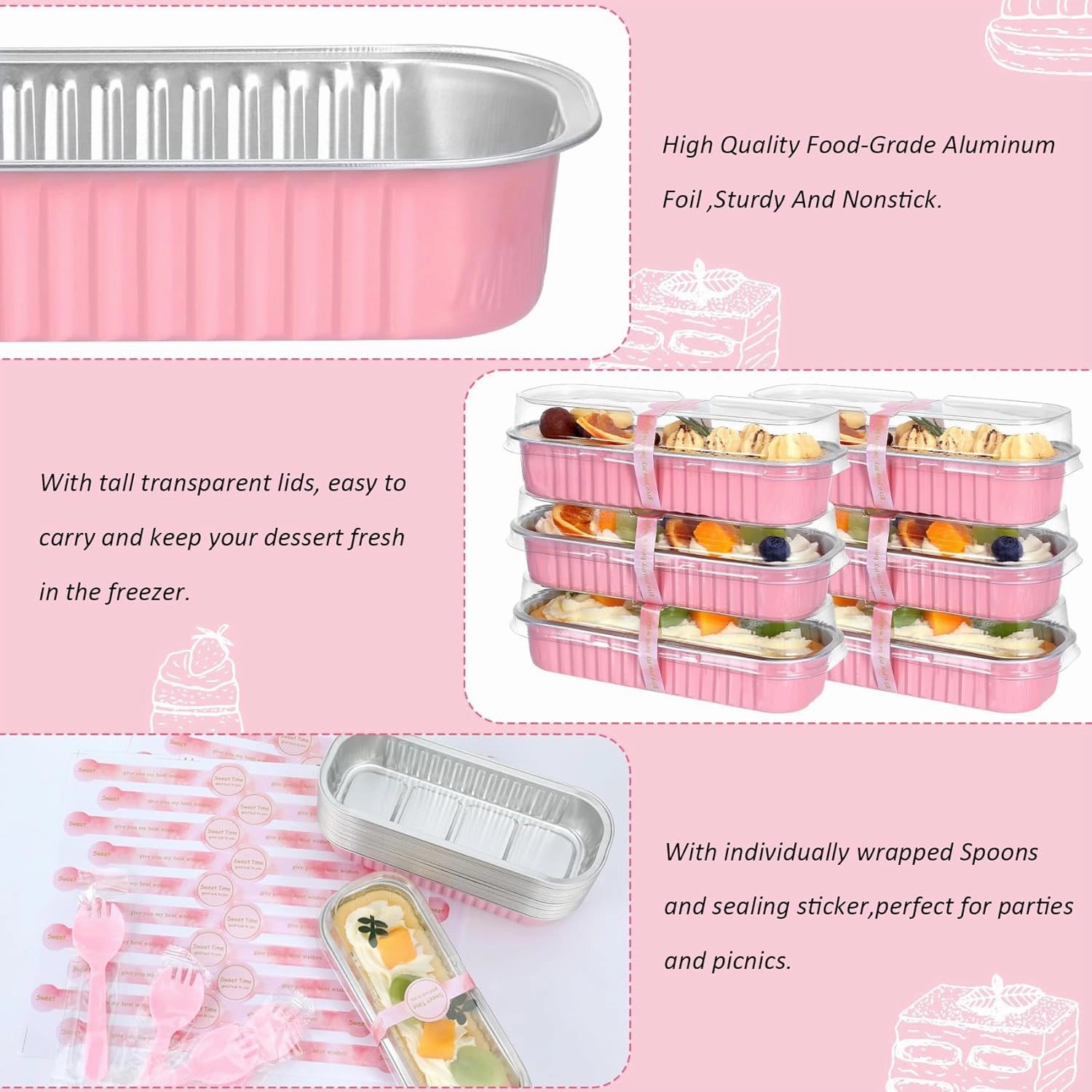 Mini Loaf Pans with Lids and Spoons (100 Pack, Pink, 6.8oz) Rectangular Aluminum Foil Baking Pans