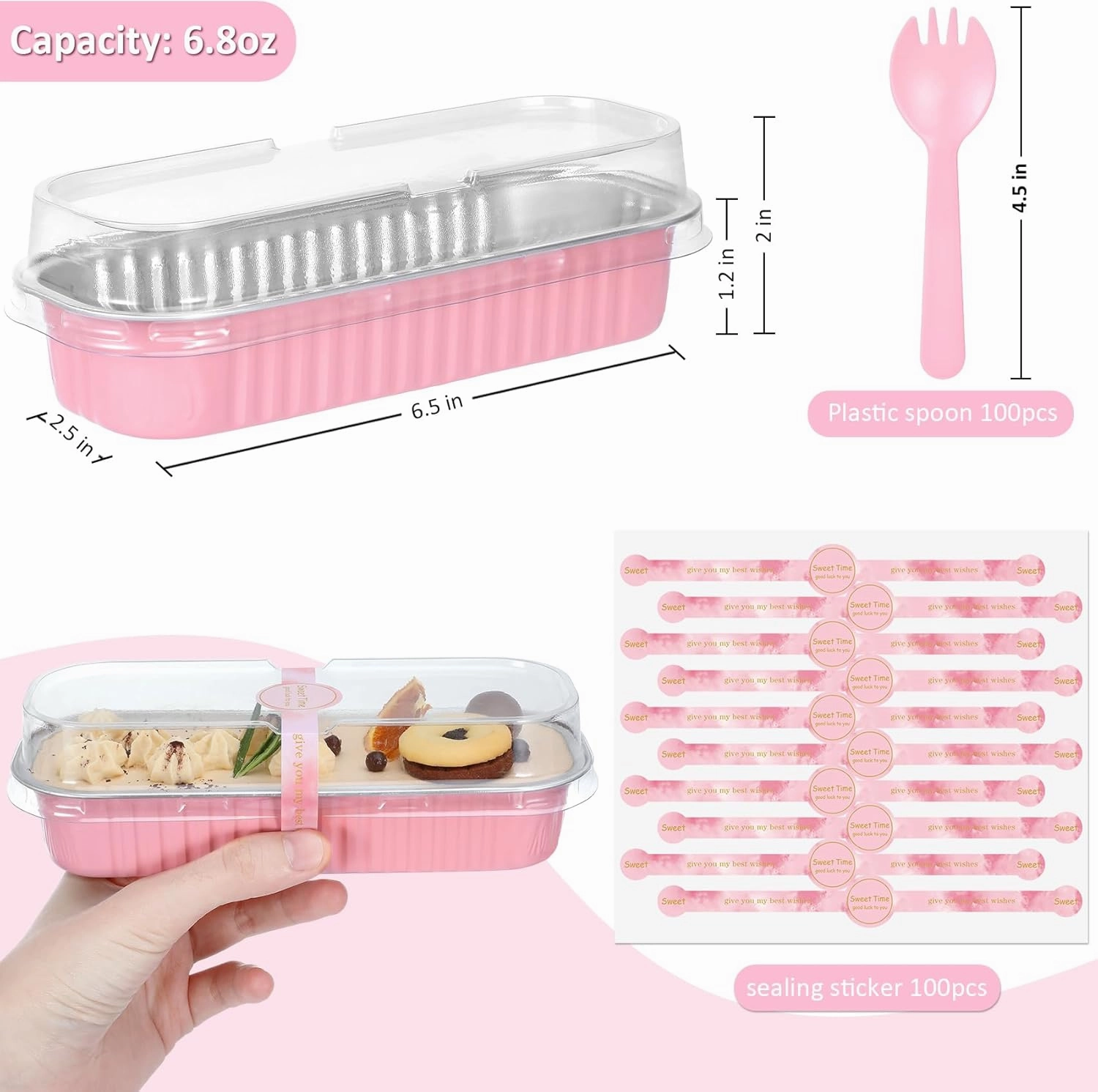 Mini Loaf Pans with Lids and Spoons (100 Pack, Pink, 6.8oz) Rectangular Aluminum Foil Baking Pans