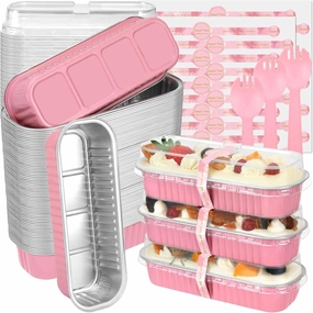 Mini Loaf Pans with Lids and Spoons (100 Pack, Pink, 6.8oz) Rectangular Aluminum Foil Baking Pans