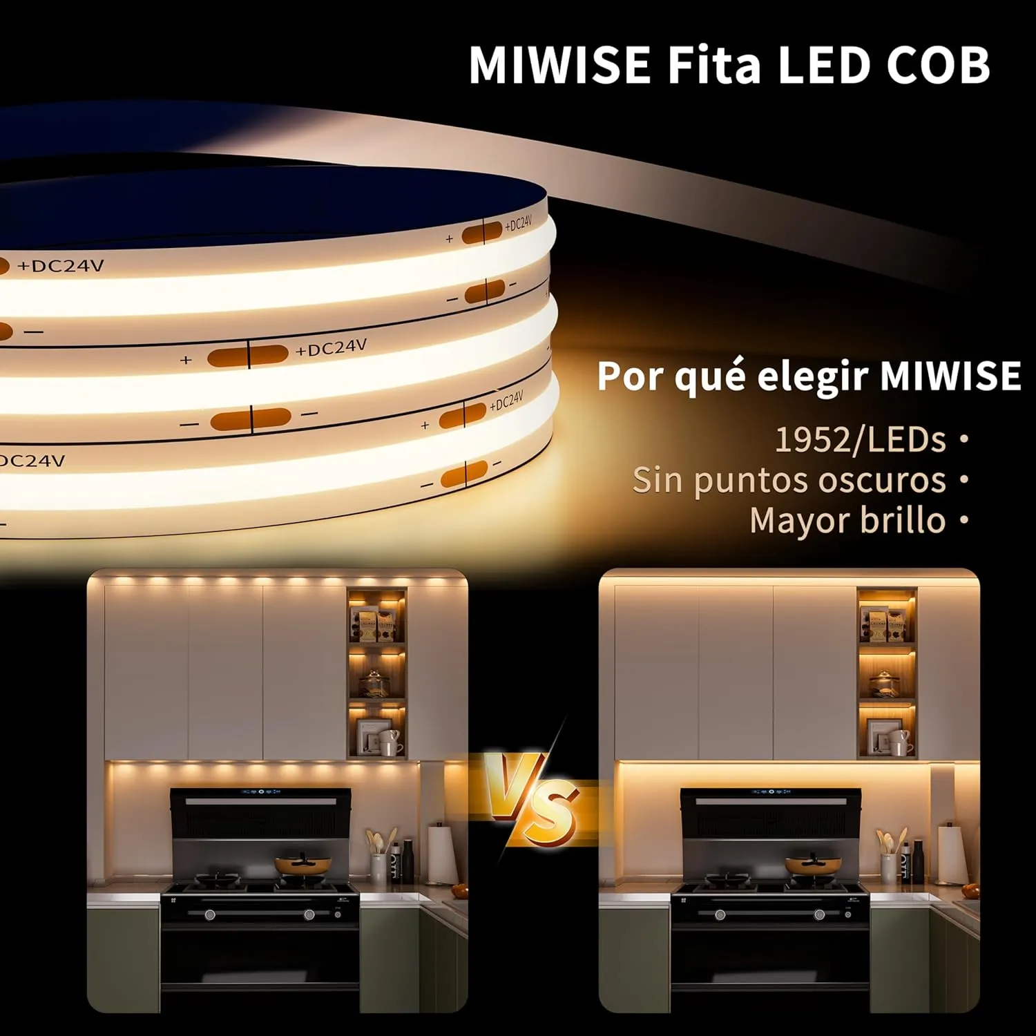 MIWISE COB LED Strip Light 20ft/6.1m,CRI 90  Warm White 2700K High Lumen Dimmable Super Bright Flexible DC24V LED Tape Light with Controller/Dimmer,for Cabinet Home Office DIY Lighting Projects