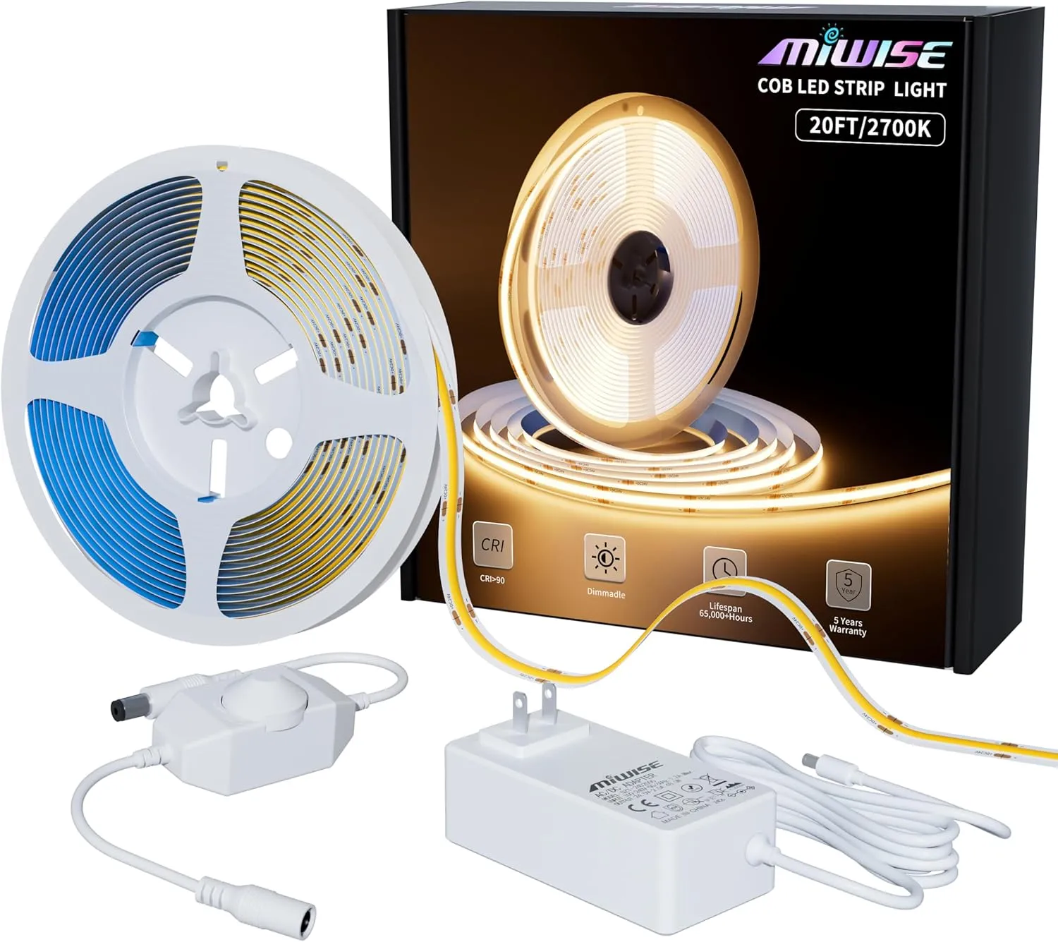 MIWISE COB LED Strip Light 20ft/6.1m,CRI 90  Warm White 2700K High Lumen Dimmable Super Bright Flexible DC24V LED Tape Light with Controller/Dimmer,for Cabinet Home Office DIY Lighting Projects