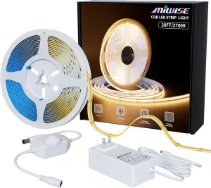 MIWISE COB LED Strip Light 20ft/6.1m,CRI 90  Warm White 2700K High Lumen Dimmable Super Bright Flexible DC24V LED Tape Light with Controller/Dimmer,for Cabinet Home Office DIY Lighting Projects