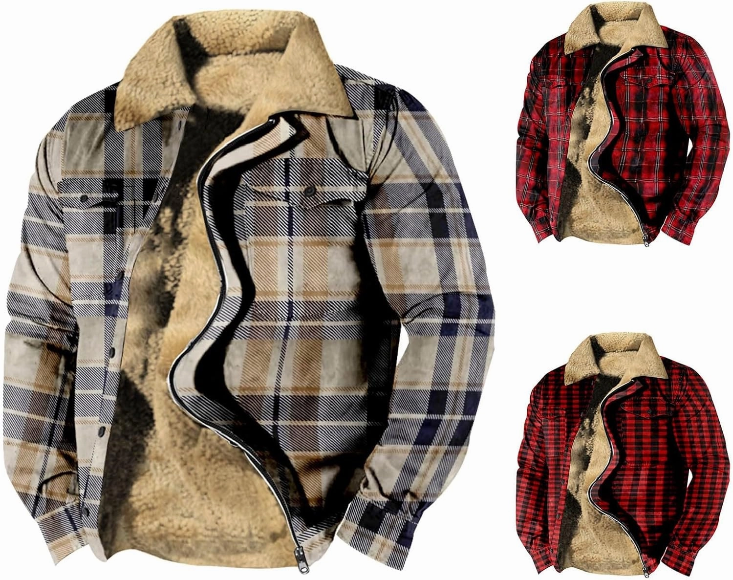 Miyaomn Outdoor Casual Plaid Flannel Button Down Shirt Jackets for Men Vintage Zip Long Sleeve Warm Fleece Sherpa Lined Coats