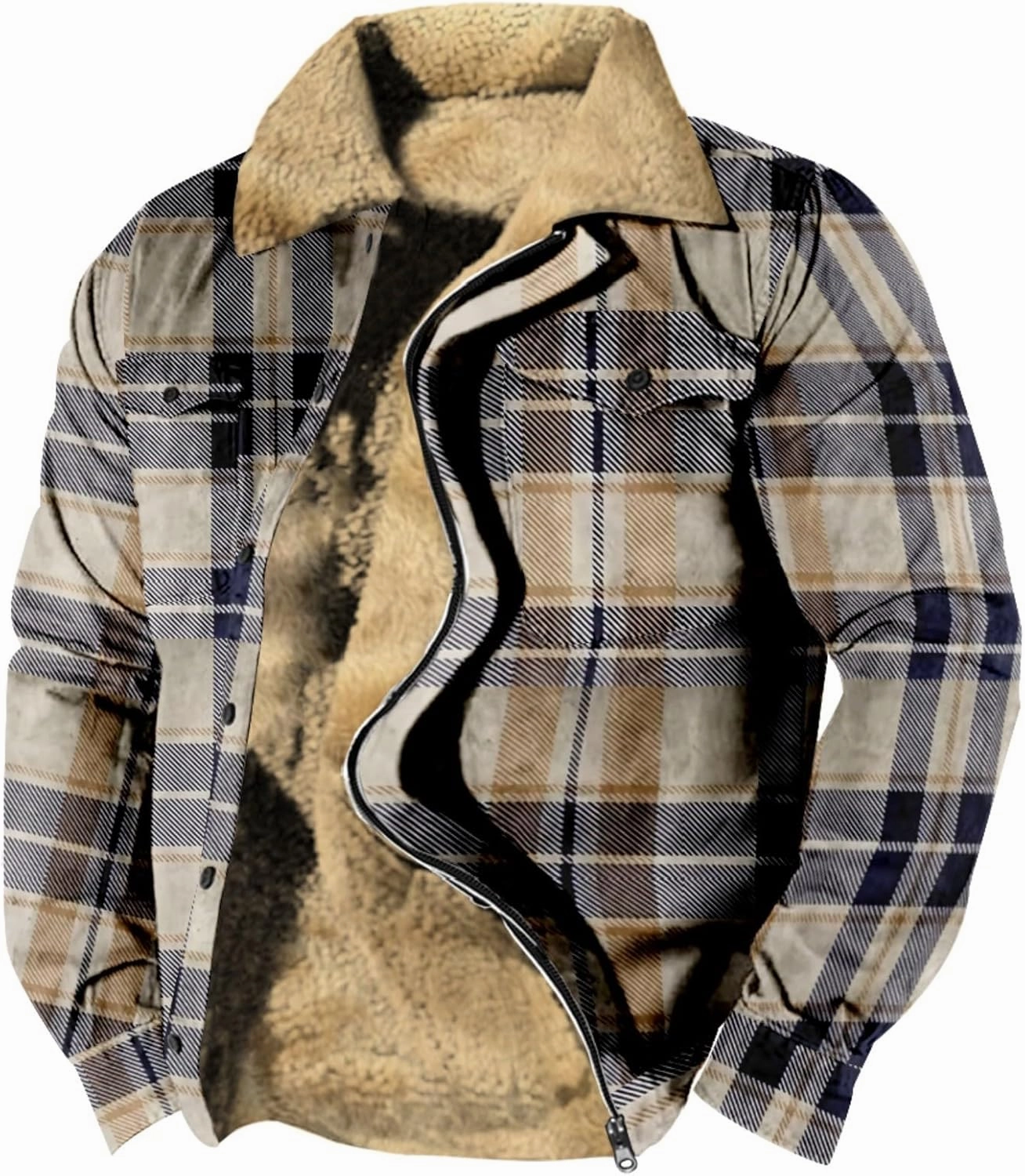 Miyaomn Outdoor Casual Plaid Flannel Button Down Shirt Jackets for Men Vintage Zip Long Sleeve Warm Fleece Sherpa Lined Coats