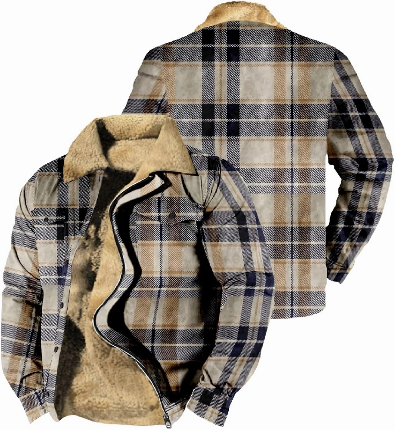 Miyaomn Outdoor Casual Plaid Flannel Button Down Shirt Jackets for Men Vintage Zip Long Sleeve Warm Fleece Sherpa Lined Coats