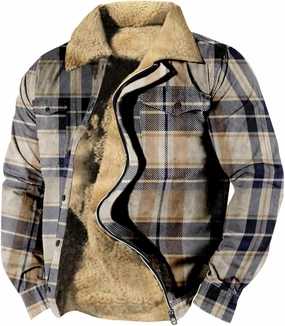 Miyaomn Outdoor Casual Plaid Flannel Button Down Shirt Jackets for Men Vintage Zip Long Sleeve Warm Fleece Sherpa Lined Coats