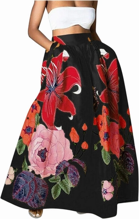 Miyaomn Women's Boho Floral Printed Maxi Skirt Summer Beach High Waisted Mopping Floor Length A Line Long Skirts with Pockets
