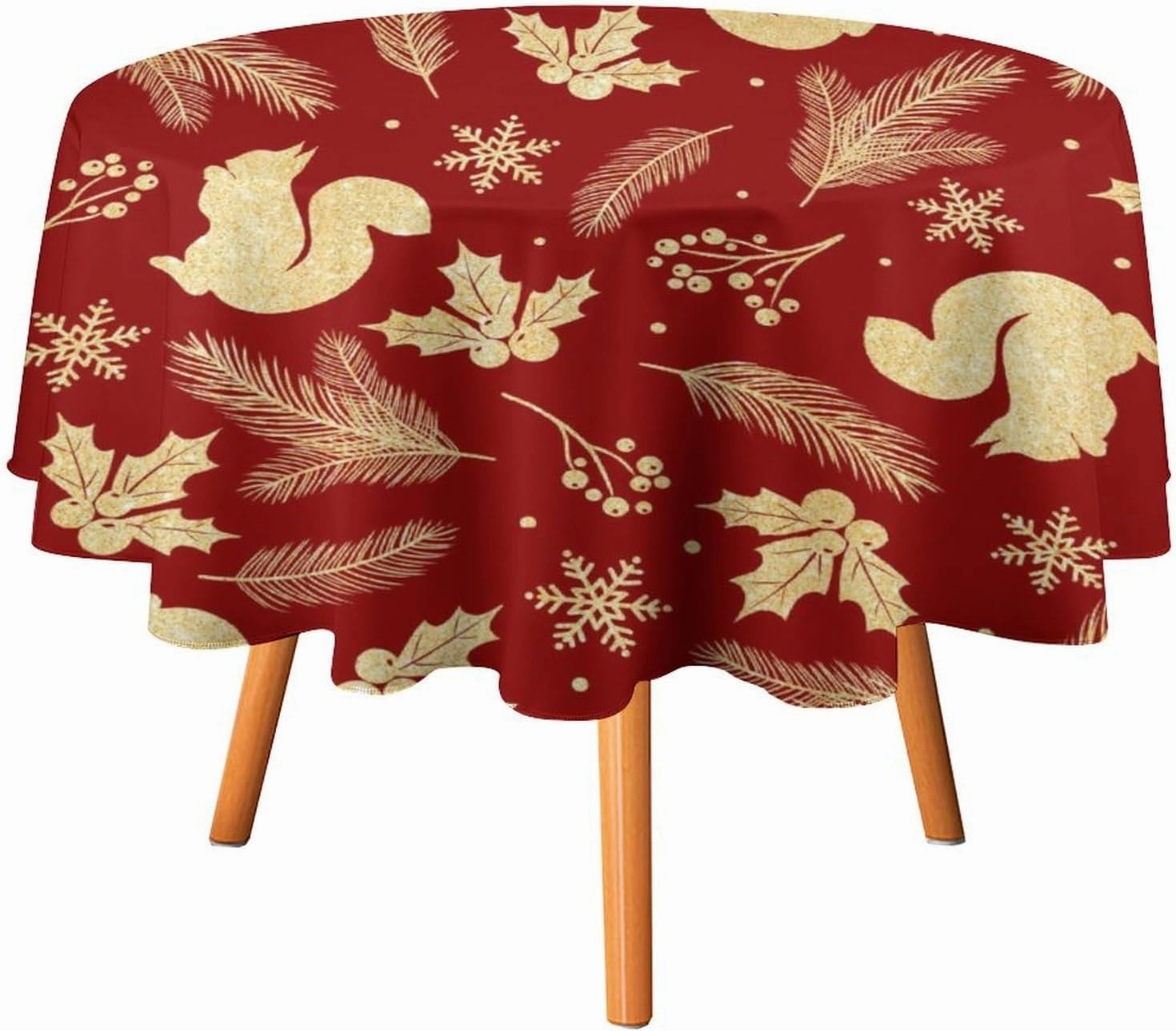 MoBlinko Christmas Gold Squirrel Round Table Cloth Holly Berries Snowflake Polyester Tablecloth 70x70in Waterproof Tablecloth Dinning Table Cover for Indoor Outdoor Party Picnic